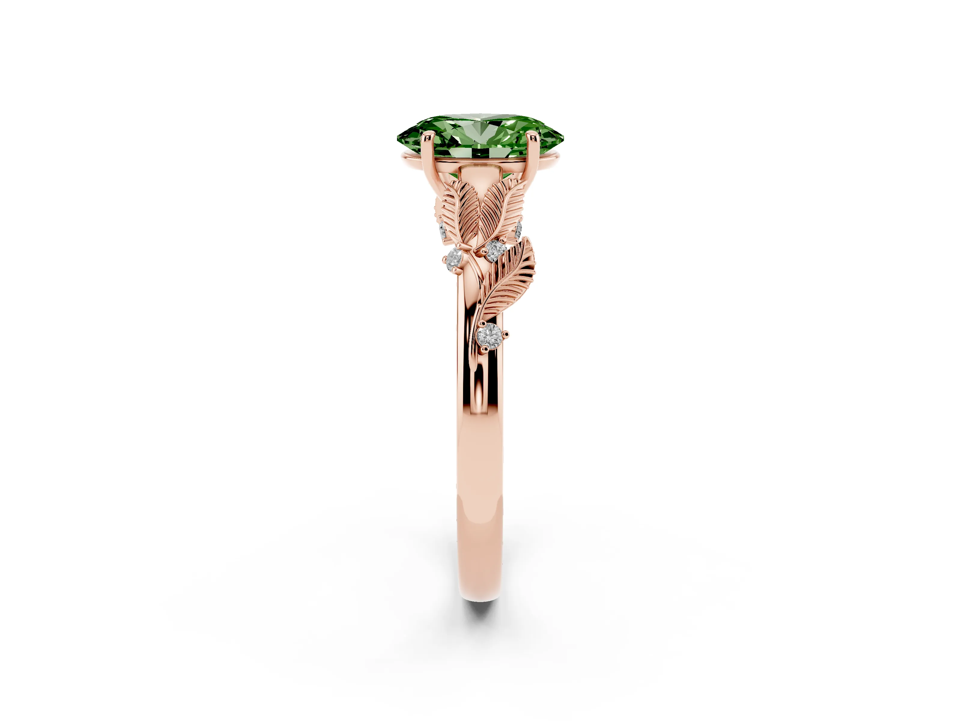 Fancy Green Oval Cut Diamond Solitaire Ring Set in Rose gold with Leaf Motif Band