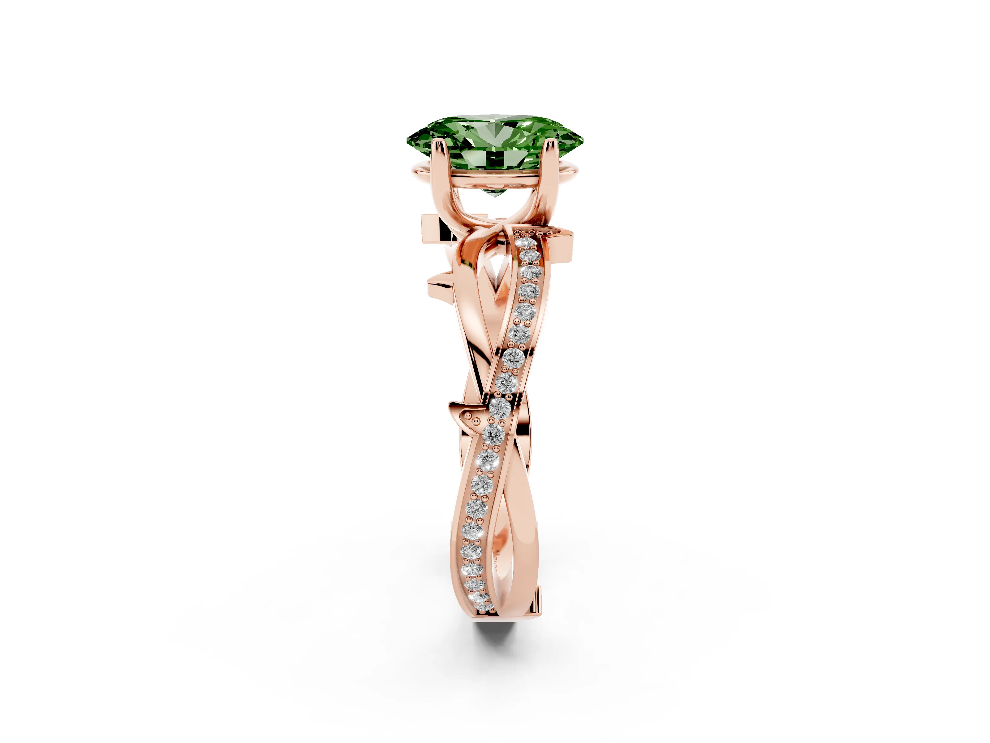 Fancy Green Oval Cut Diamond Pavé Twist Band Solitaire Ring Set in Rose gold with Prong Setting