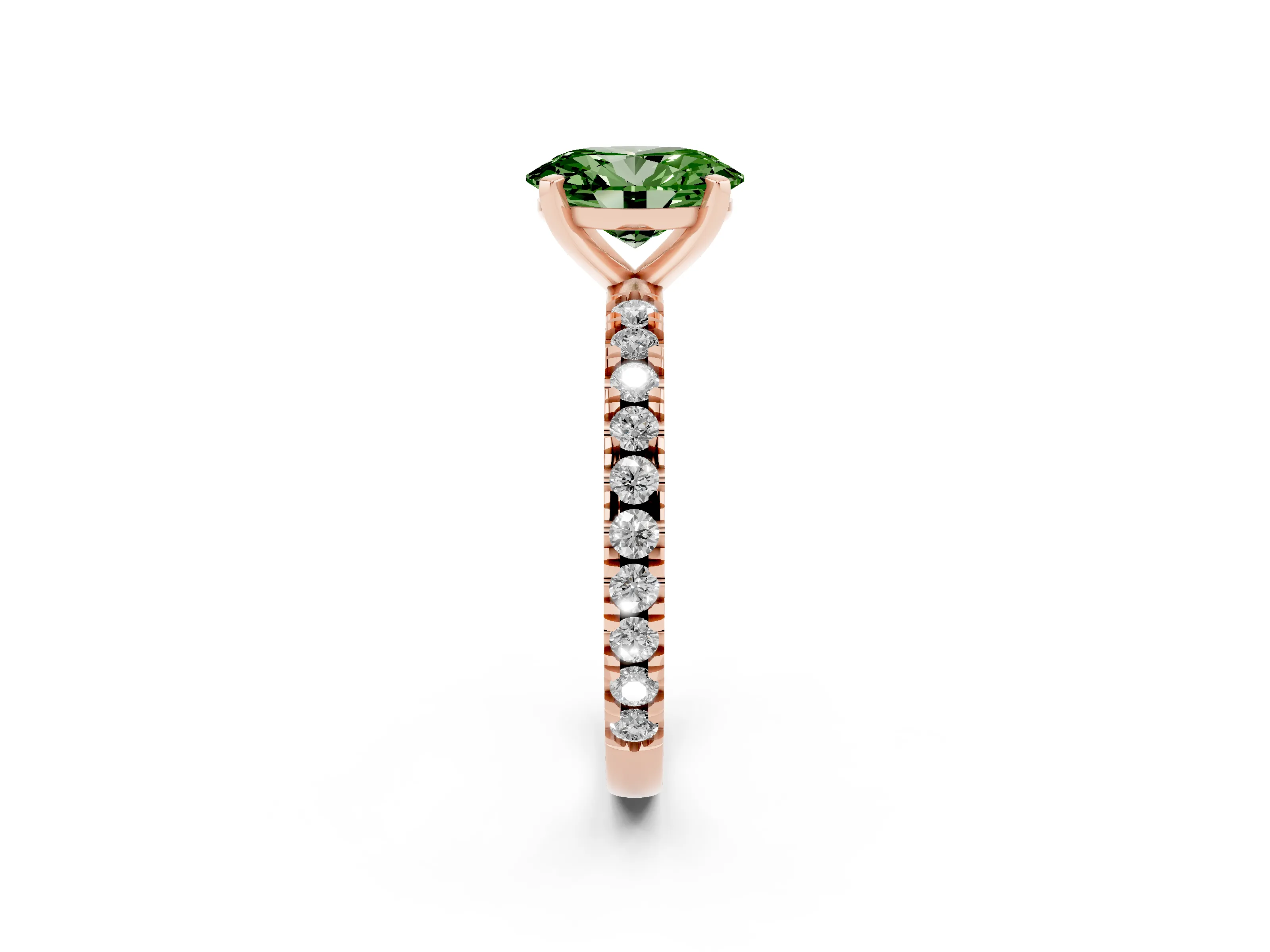 Fancy Green Oval Cut Diamond Pavé Band Solitaire Set in Rose gold with Prong Setting