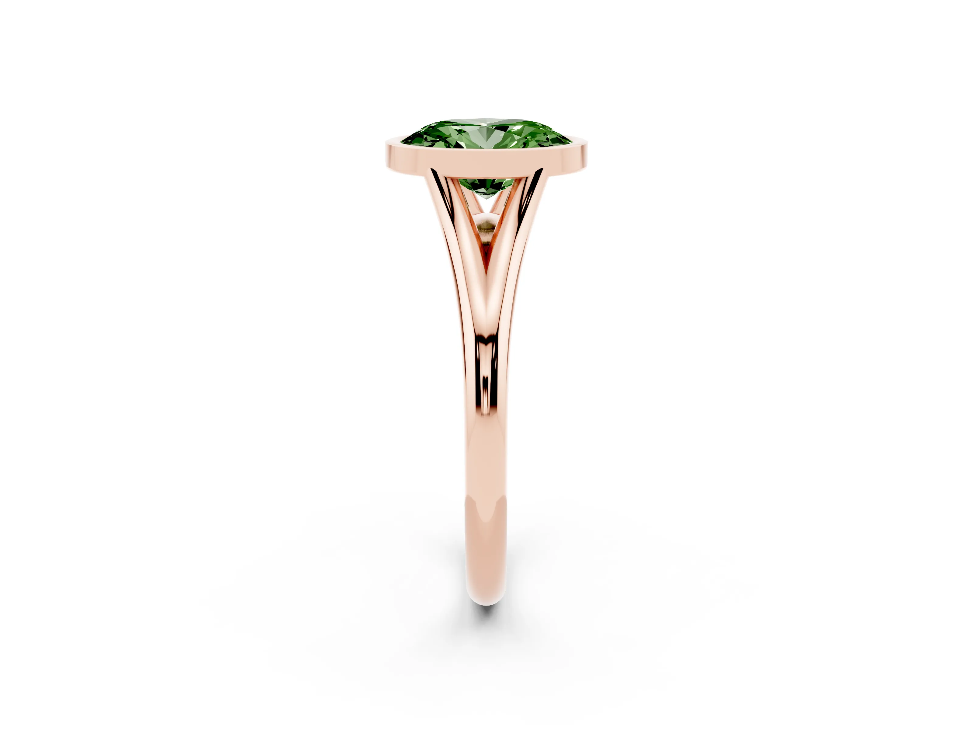Fancy Green Bezel Set Oval Cut Diamond Solitaire Ring Set in Rose gold with Tapered Band