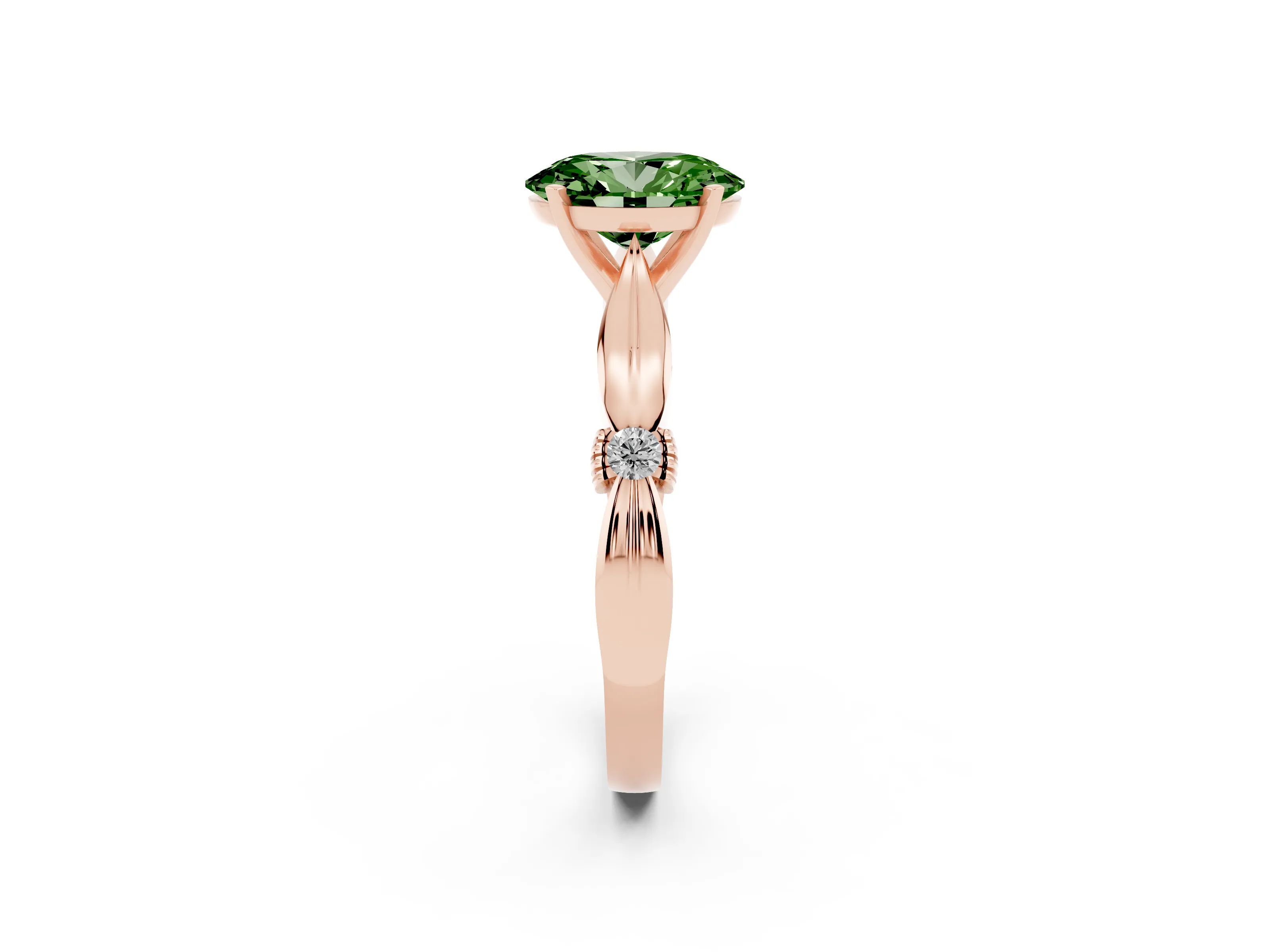 Fancy Green Oval Cut Diamond Solitaire Twisted Band Ring Set in Rose gold with Accent Stones and Prong Setting