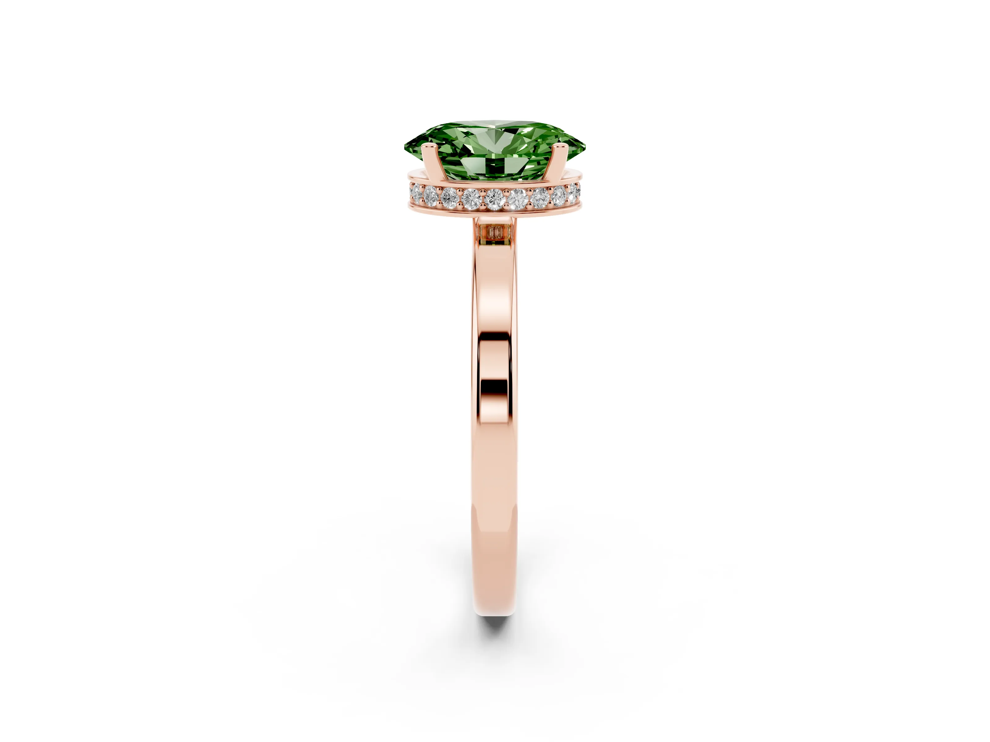 Fancy Green Oval Cut Diamond Solitaire Engagement Ring Set in Rose gold with Prong Setting on a Plain Band