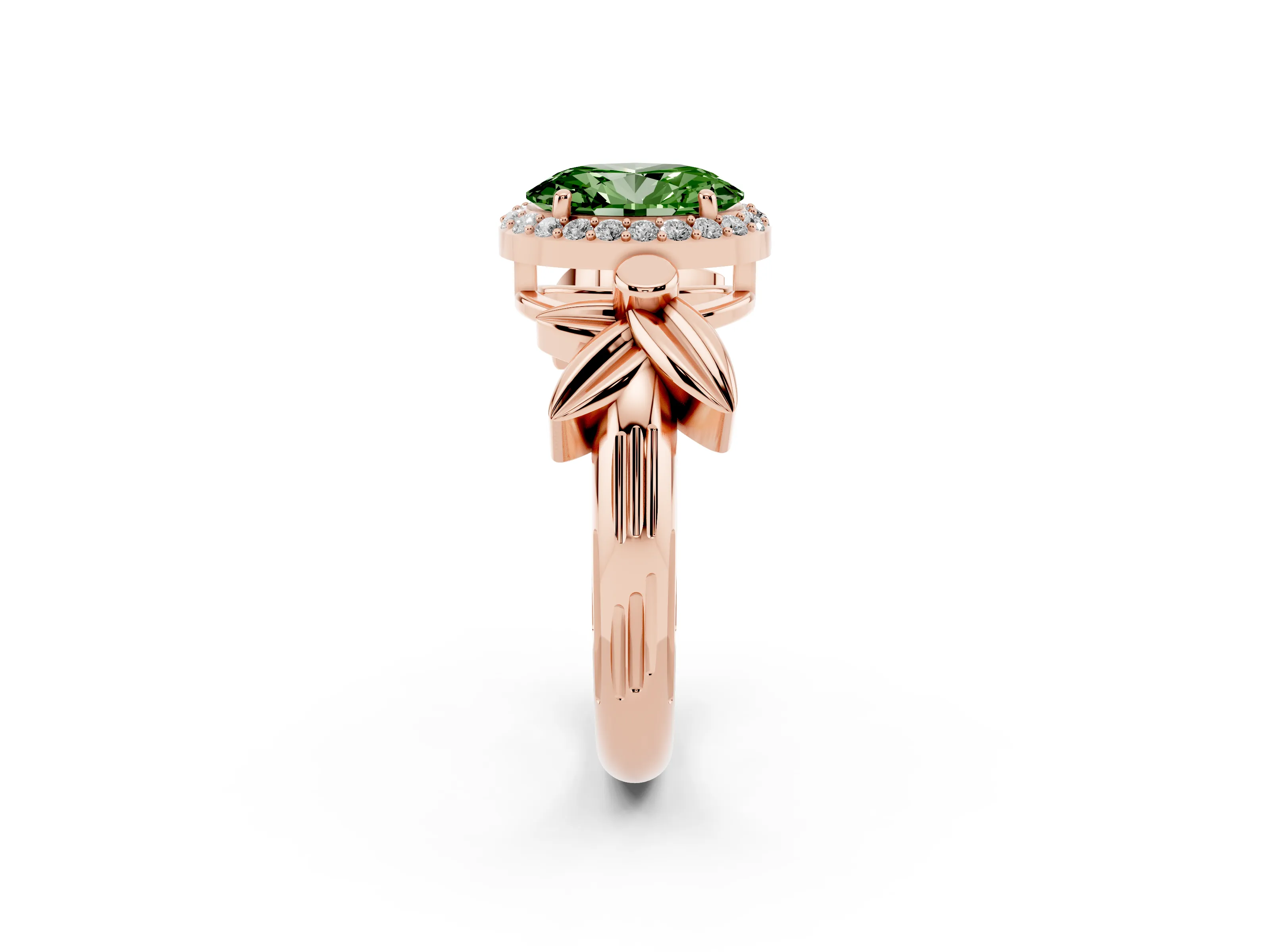Fancy Green Oval Cut Diamond Halo Floral Band Ring Set in Rose gold with Prong Setting