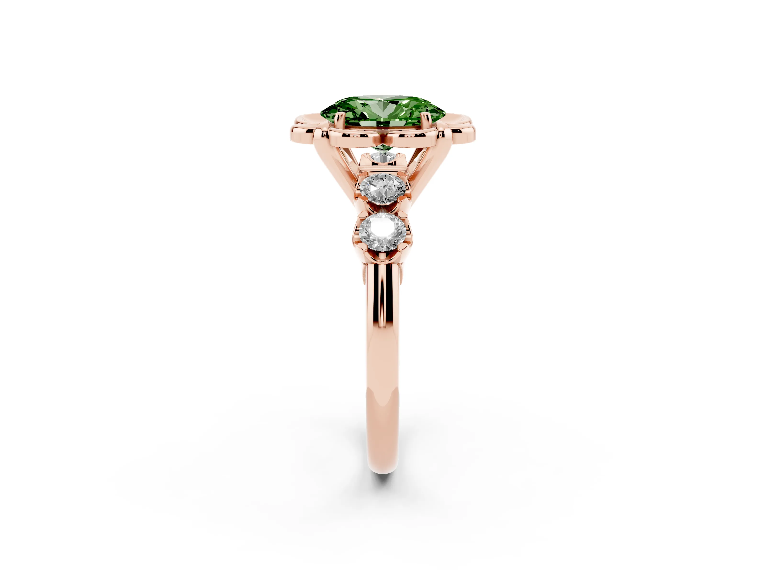 Fancy Green Oval Cut Diamond Floral Halo Ring Set in Rose gold with Shared Prong Band