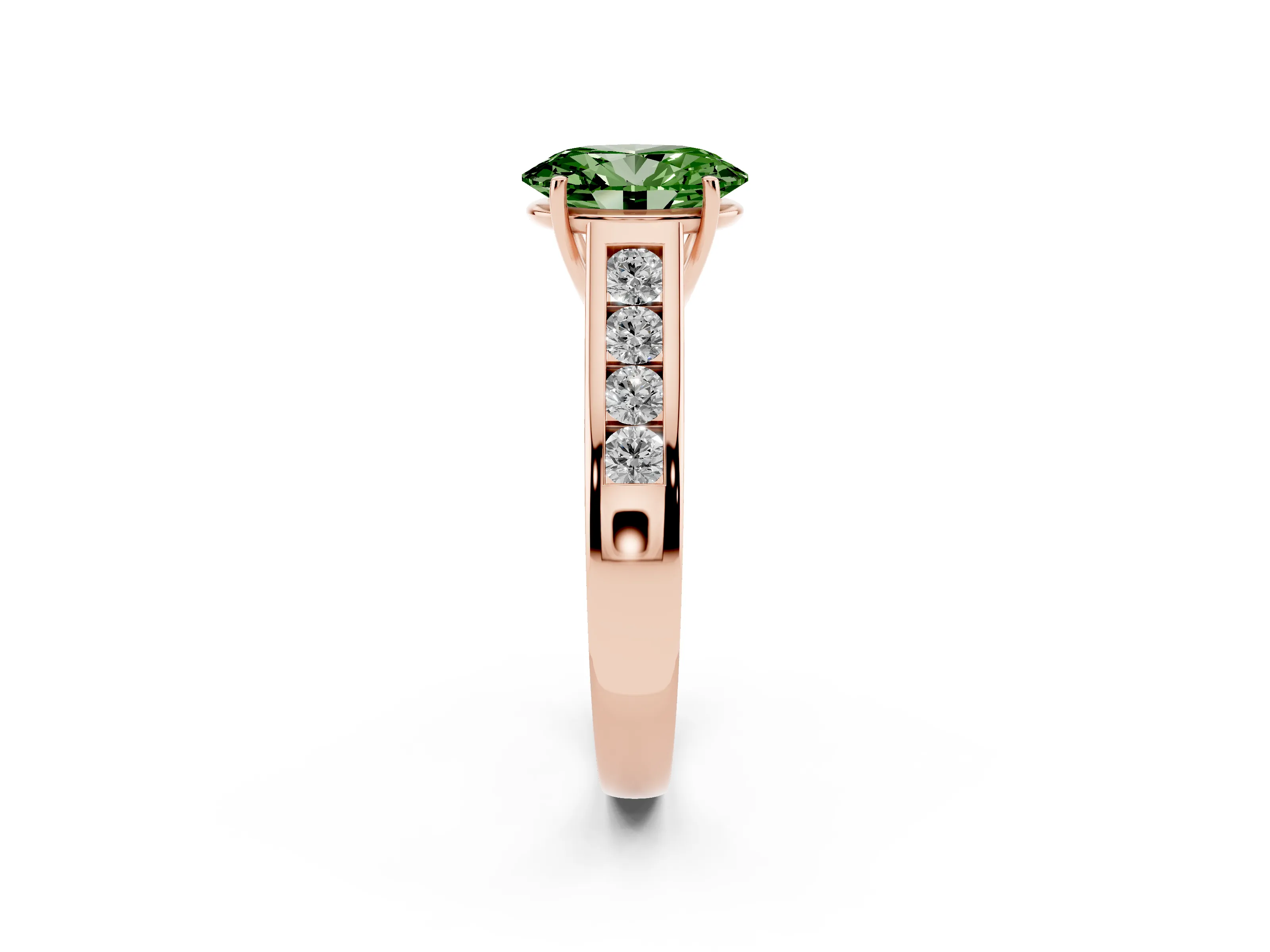 Fancy Green Oval Cut Diamond Solitaire Channel-Set Engagement Ring Set in Rose gold with Prong Setting