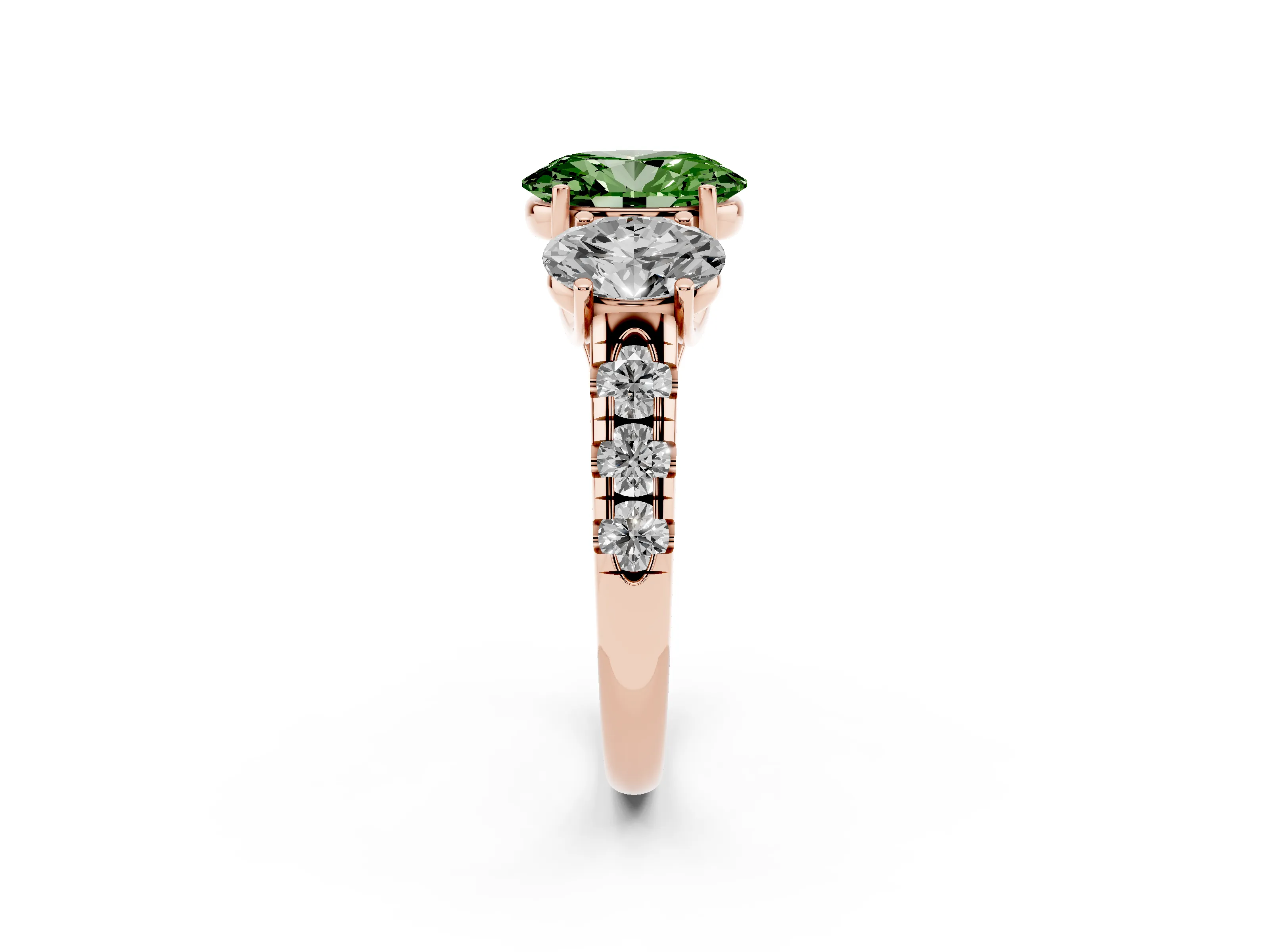 Fancy Green Oval Cut Diamond Three-Stone Ring Set in Rose gold with Pavé Band