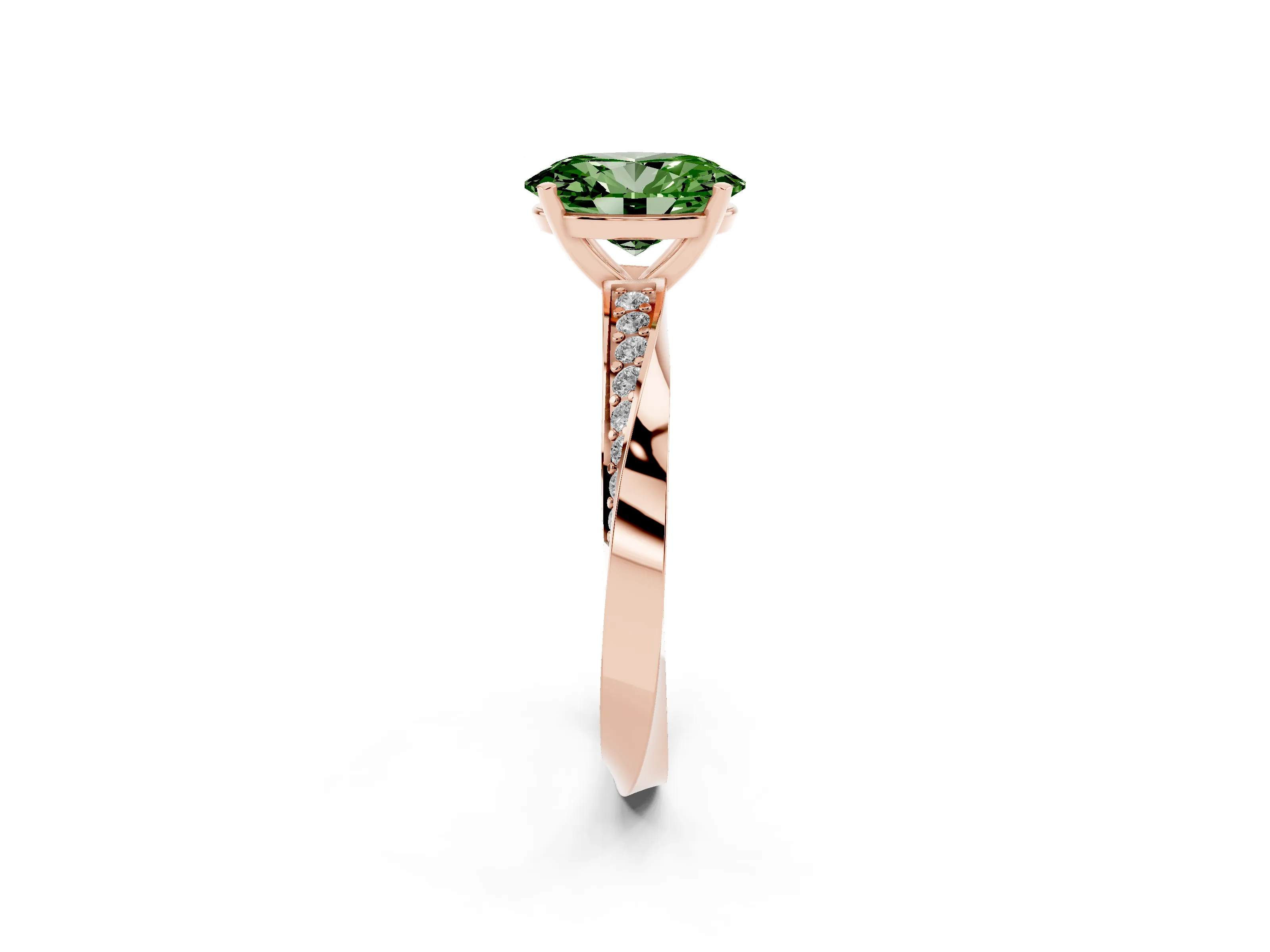 Fancy Green Oval Cut Diamond Engagement Ring Set in Rose gold with Side Stone Accents and Prong Setting