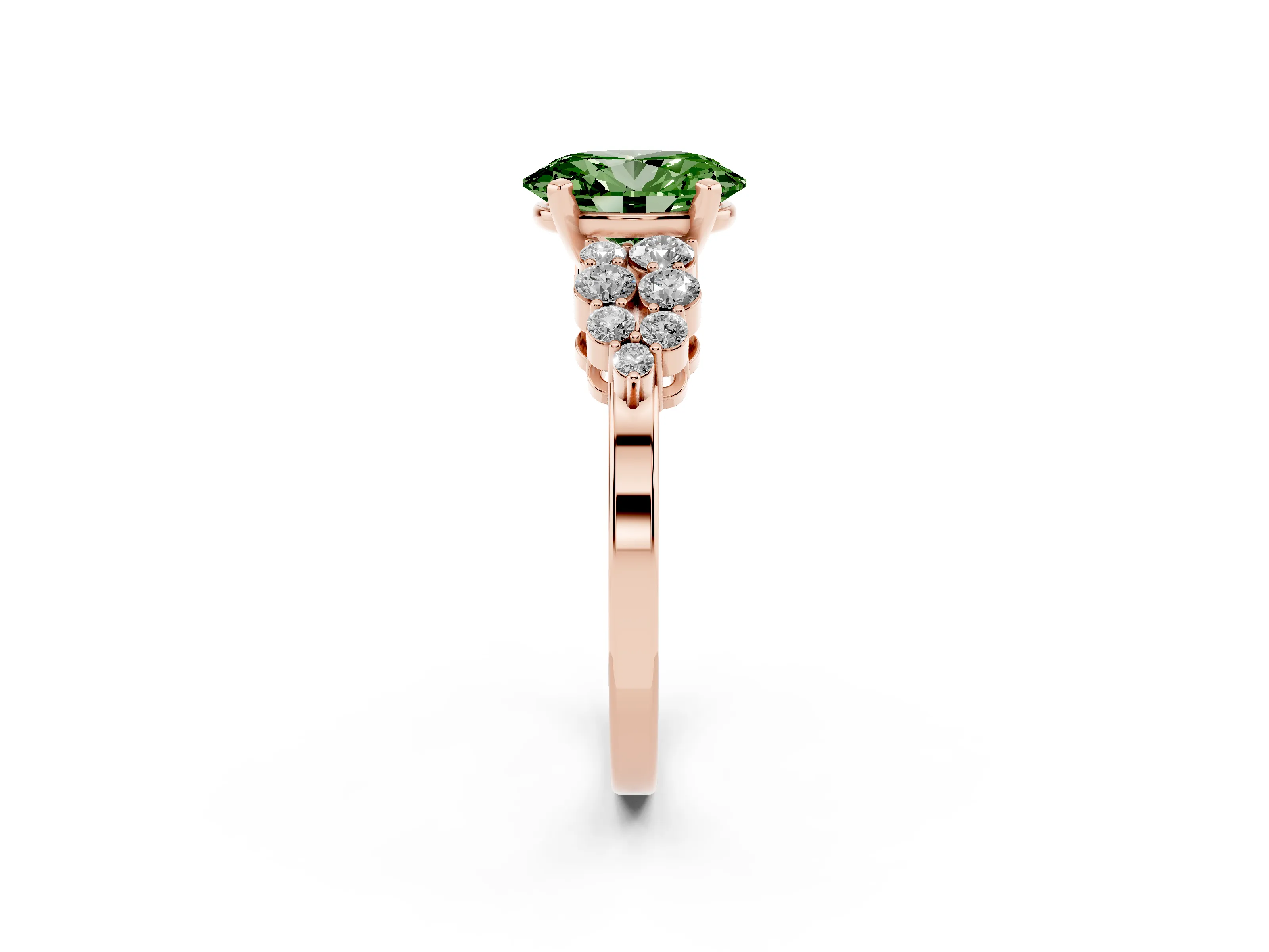 Fancy Green Oval Cut Diamond Cluster Engagement Ring Set in Rose gold with Pavé Band and Prong Setting