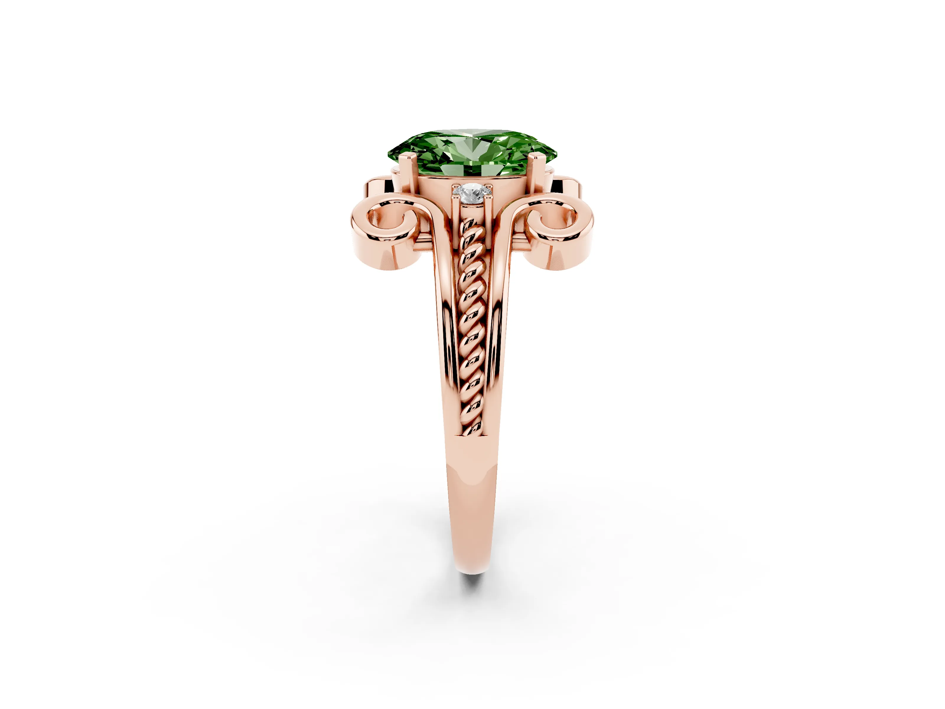 Fancy Green Oval Cut Diamond Twisted Band Solitaire Ring Set in Rose gold with Scroll Prongs