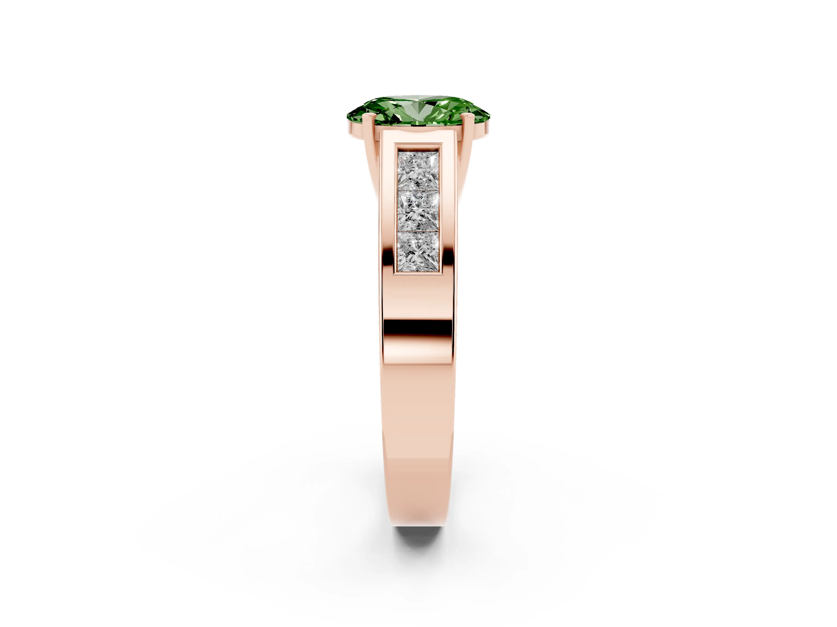Fancy Green Oval Cut Diamond Solitaire Ring Set in Rose gold with Channel-Set Accent Stones and Prong Setting