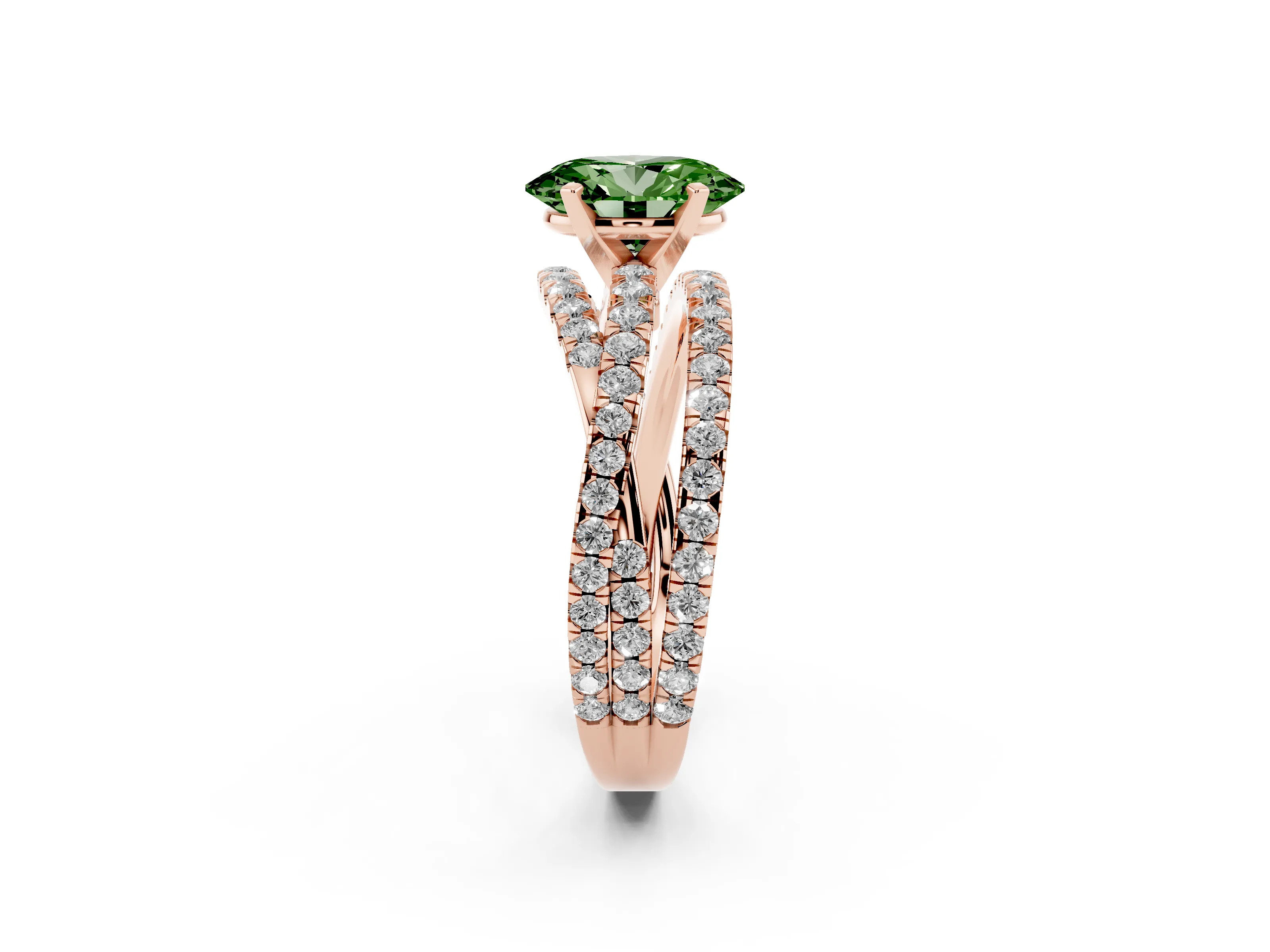 Fancy Green Oval Cut Diamond Solitaire Twist Band Ring Set in Rose gold with Pavé Setting and Prong Head