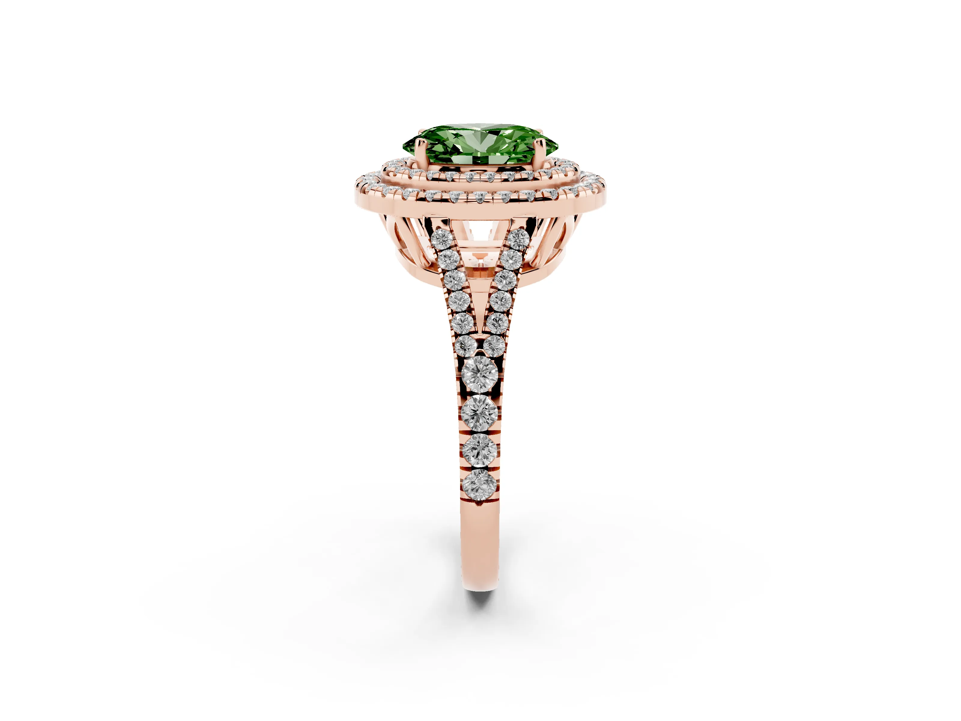 Fancy Green Oval Cut Diamond Double Halo Ring Set in Rose gold with Pavé Band