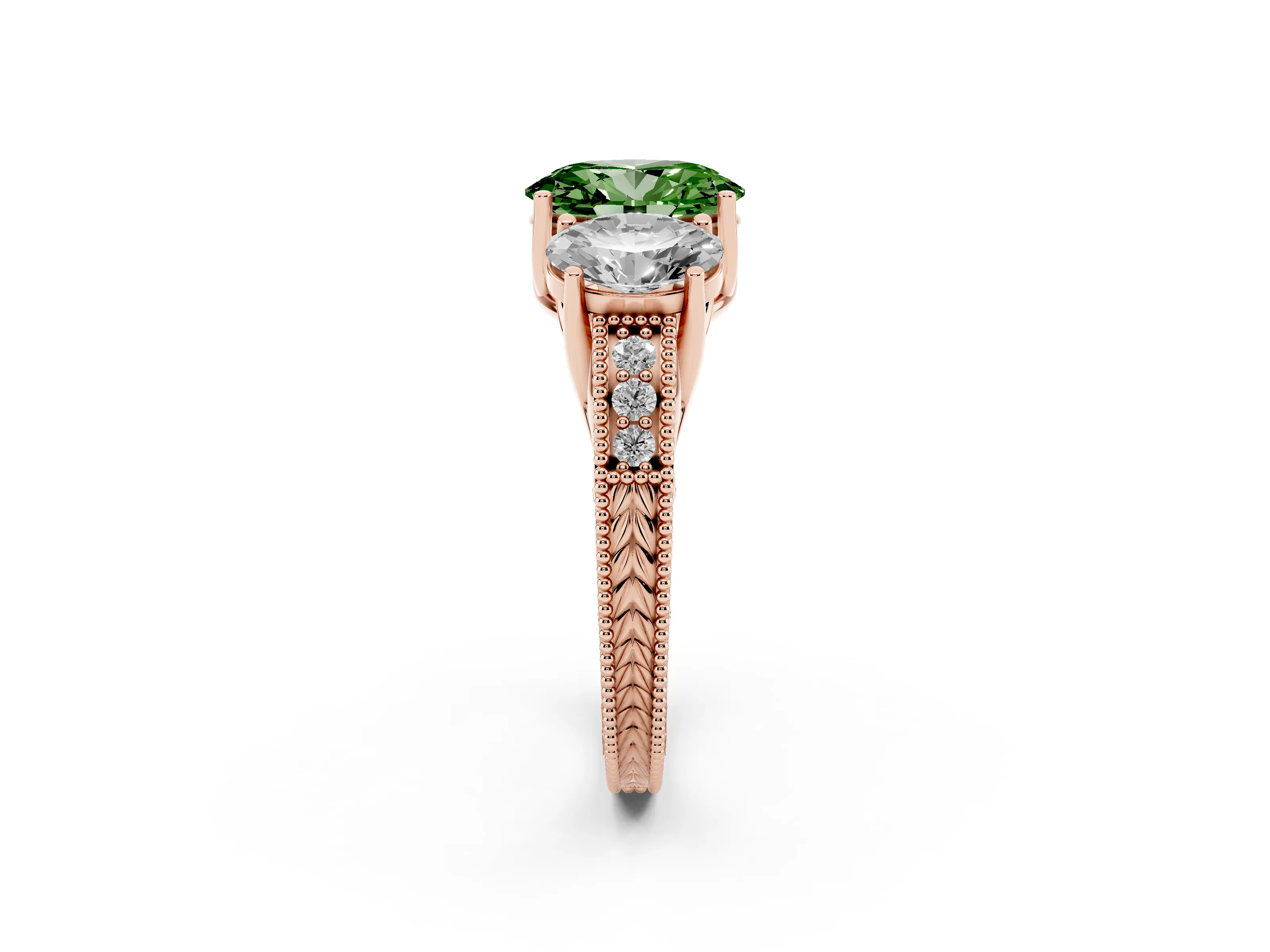 Fancy Green Oval Cut Diamond Three-Stone Engagement Ring Set in Rose gold with Milgrain Pavé Band