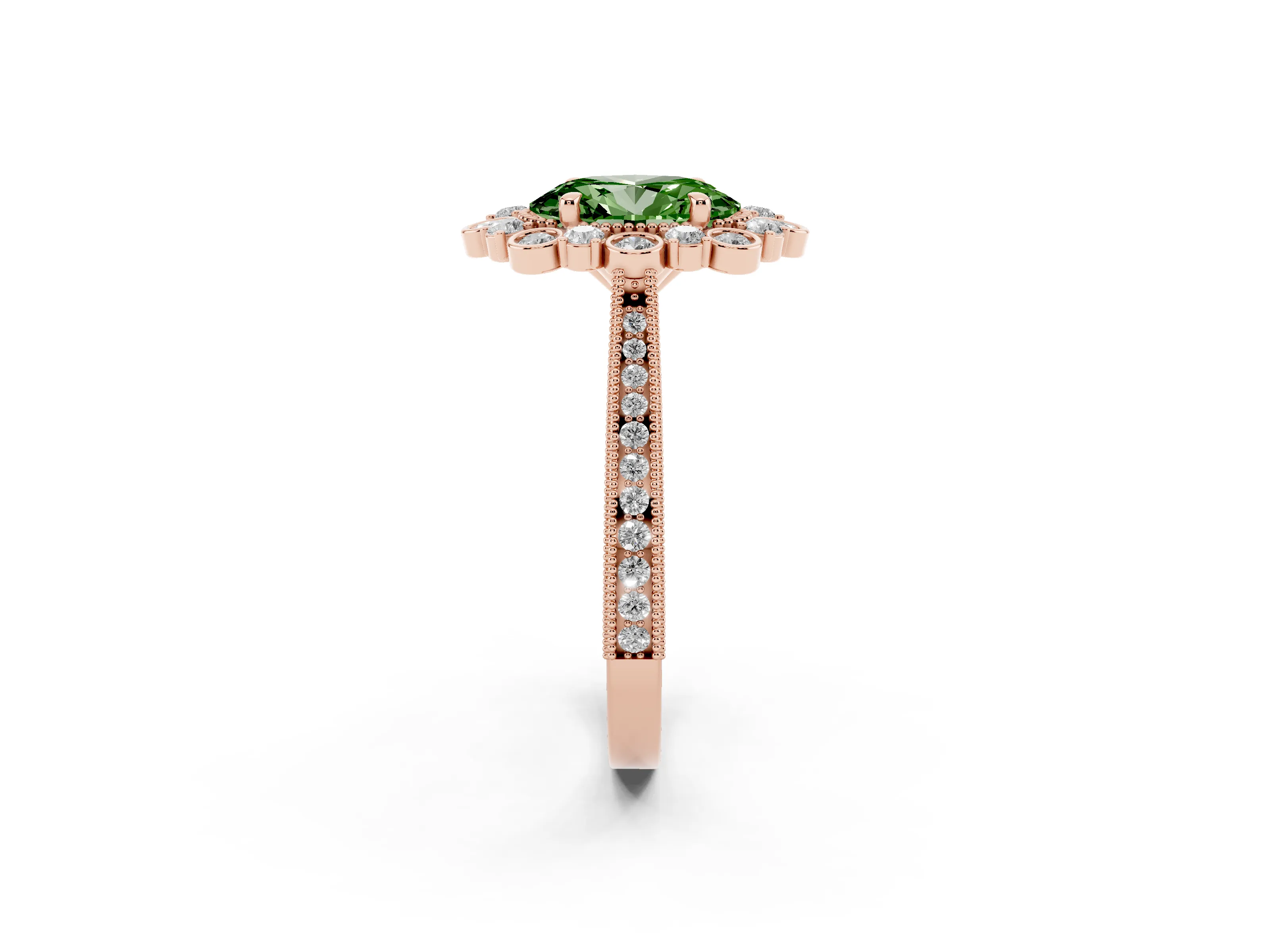 Fancy Green Oval Cut Diamond Halo Milgrain Pavé Ring Set in Rose gold with Prong Setting