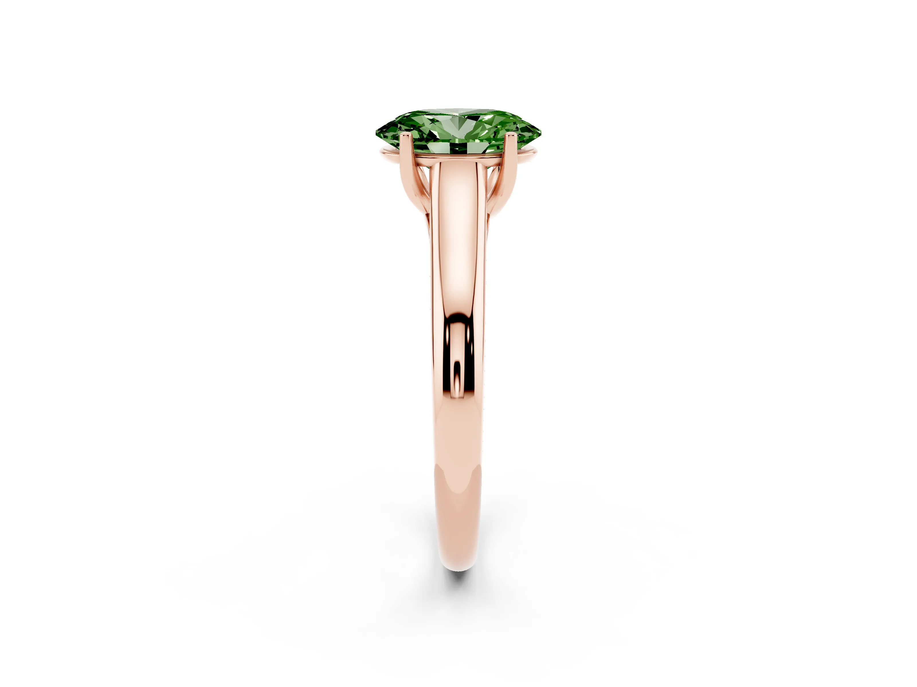 Fancy Green Oval Cut Diamond Solitaire Engagement Ring Set in Rose gold with Subtly Tapered Band and Prong Setting