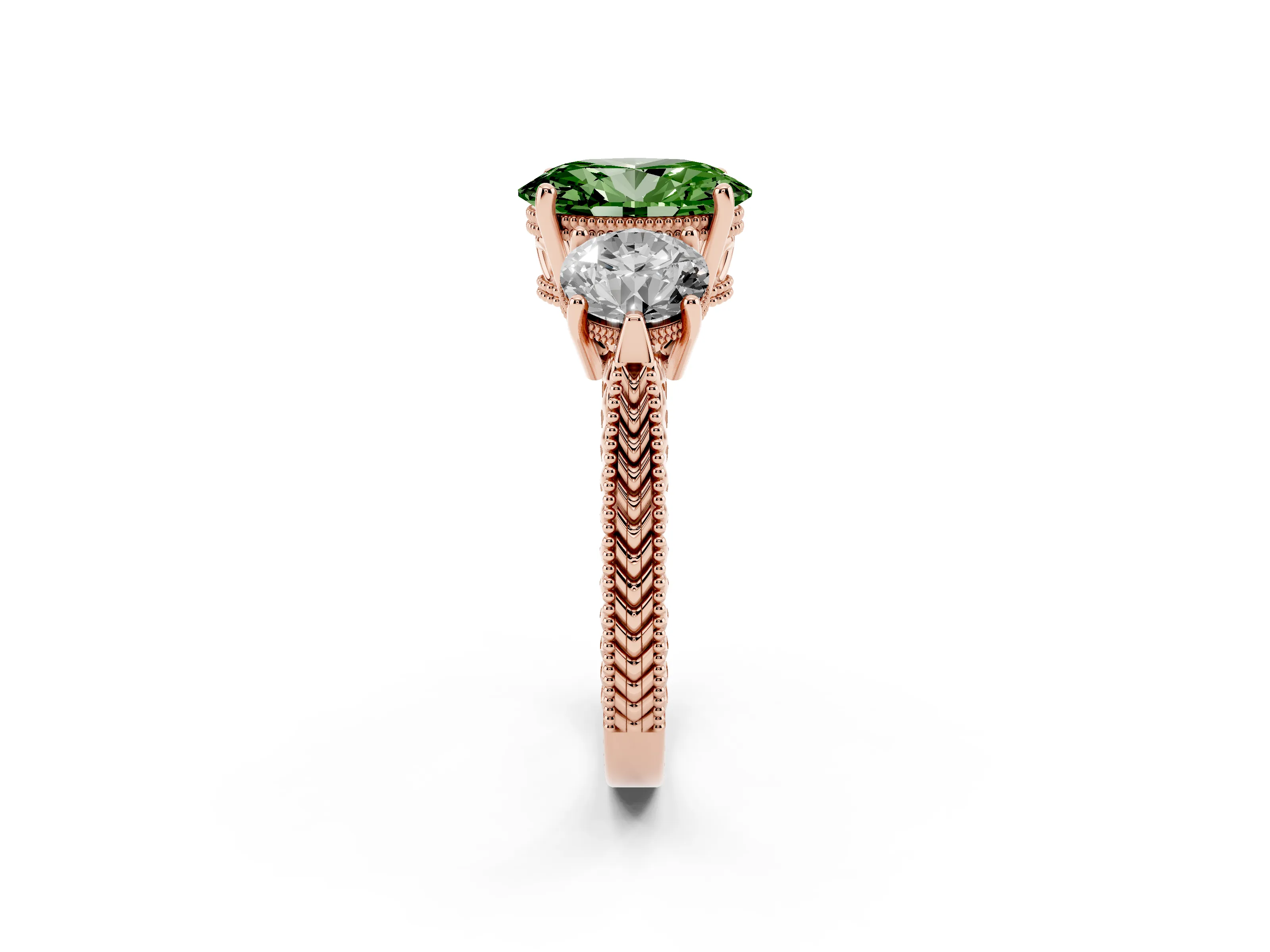 Fancy Green Oval Cut Diamond Three-Stone Ring Set in Rose gold with Milgrain Band