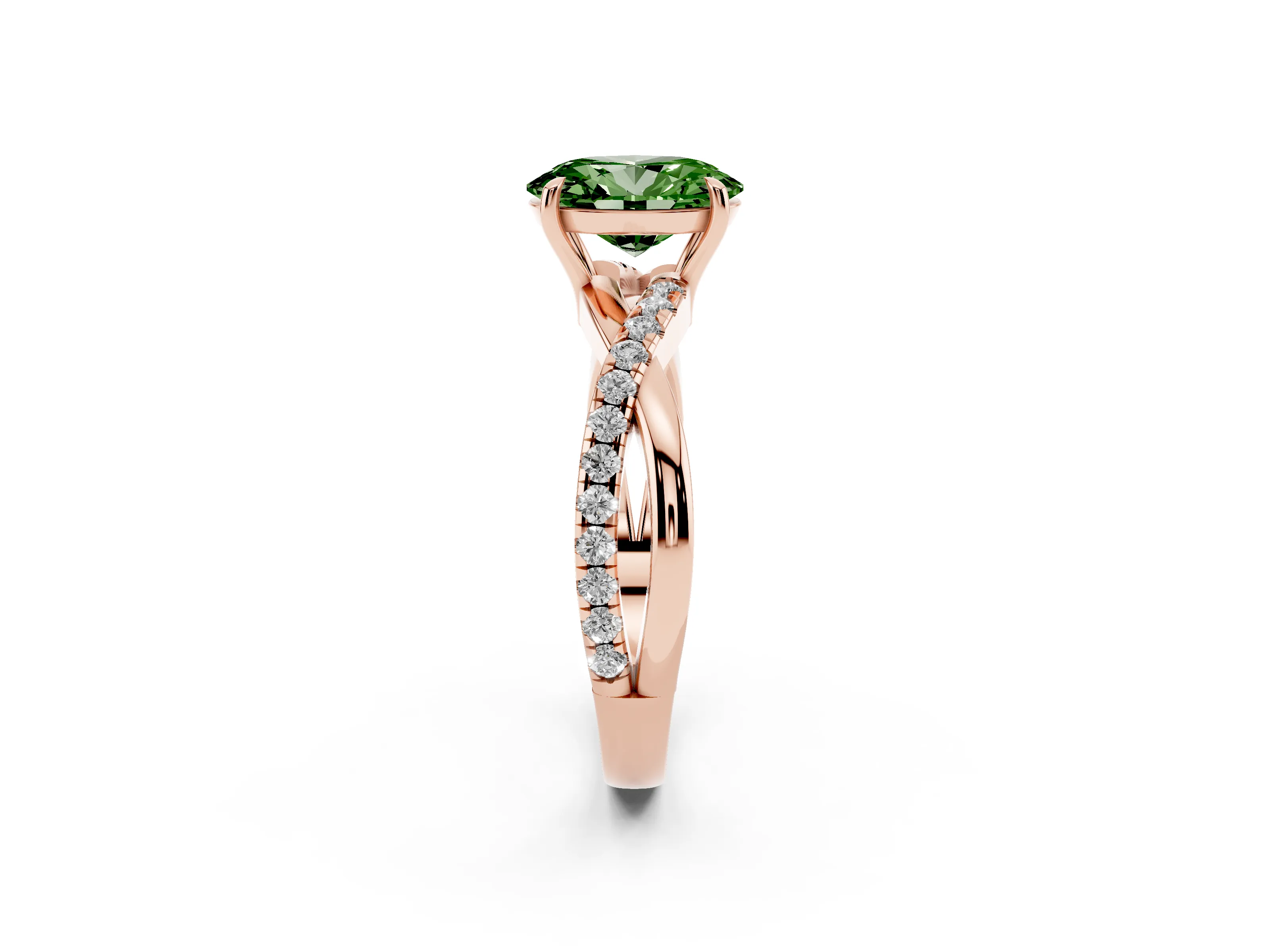 Fancy Green Oval Cut Diamond Twisted Pavé Band Ring Set in Rose gold with Prong Setting
