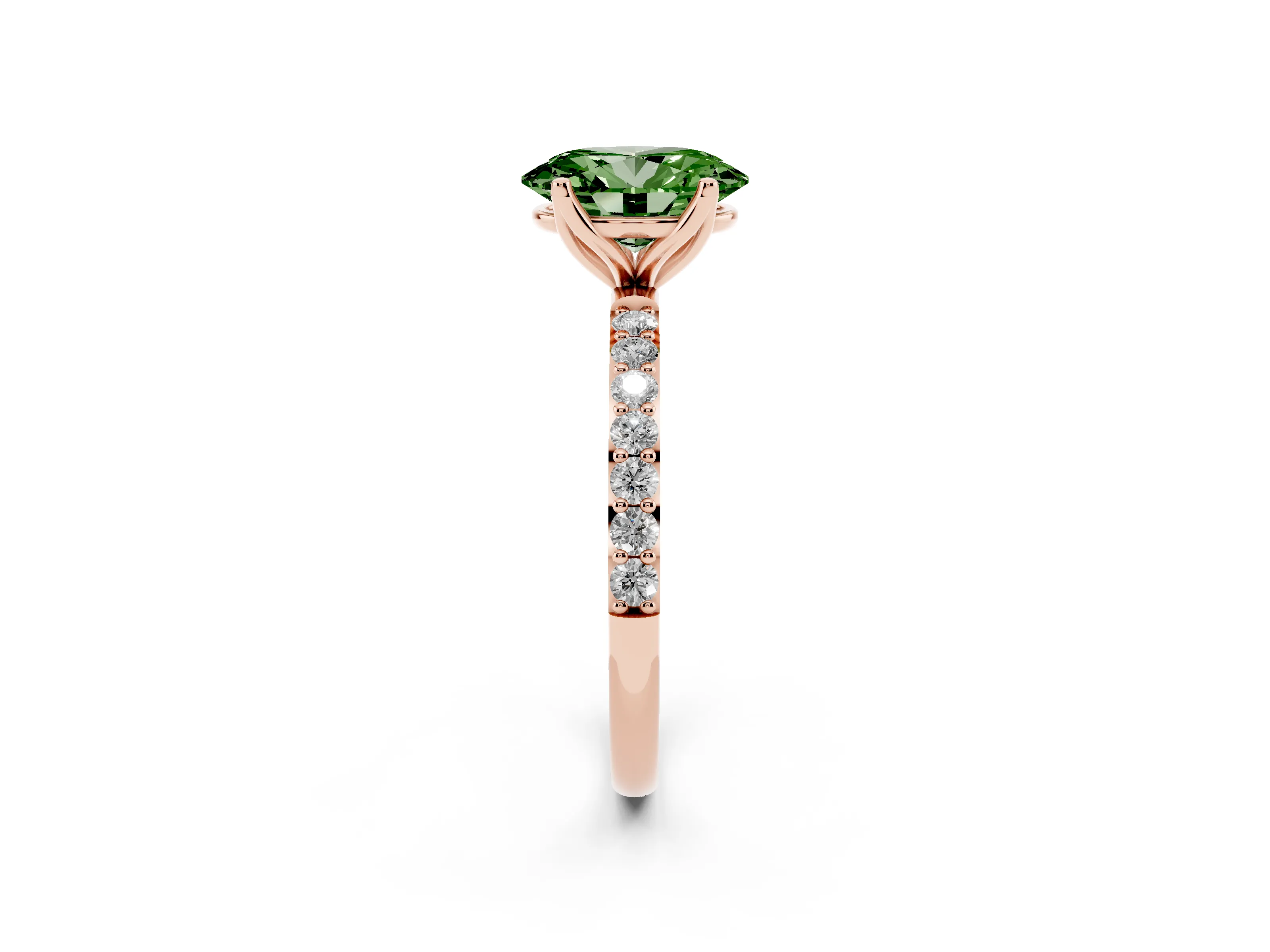 Fancy Green Oval Cut Diamond Solitaire Engagement Ring Set in Rose gold with Round Pavé Band and Prong Setting