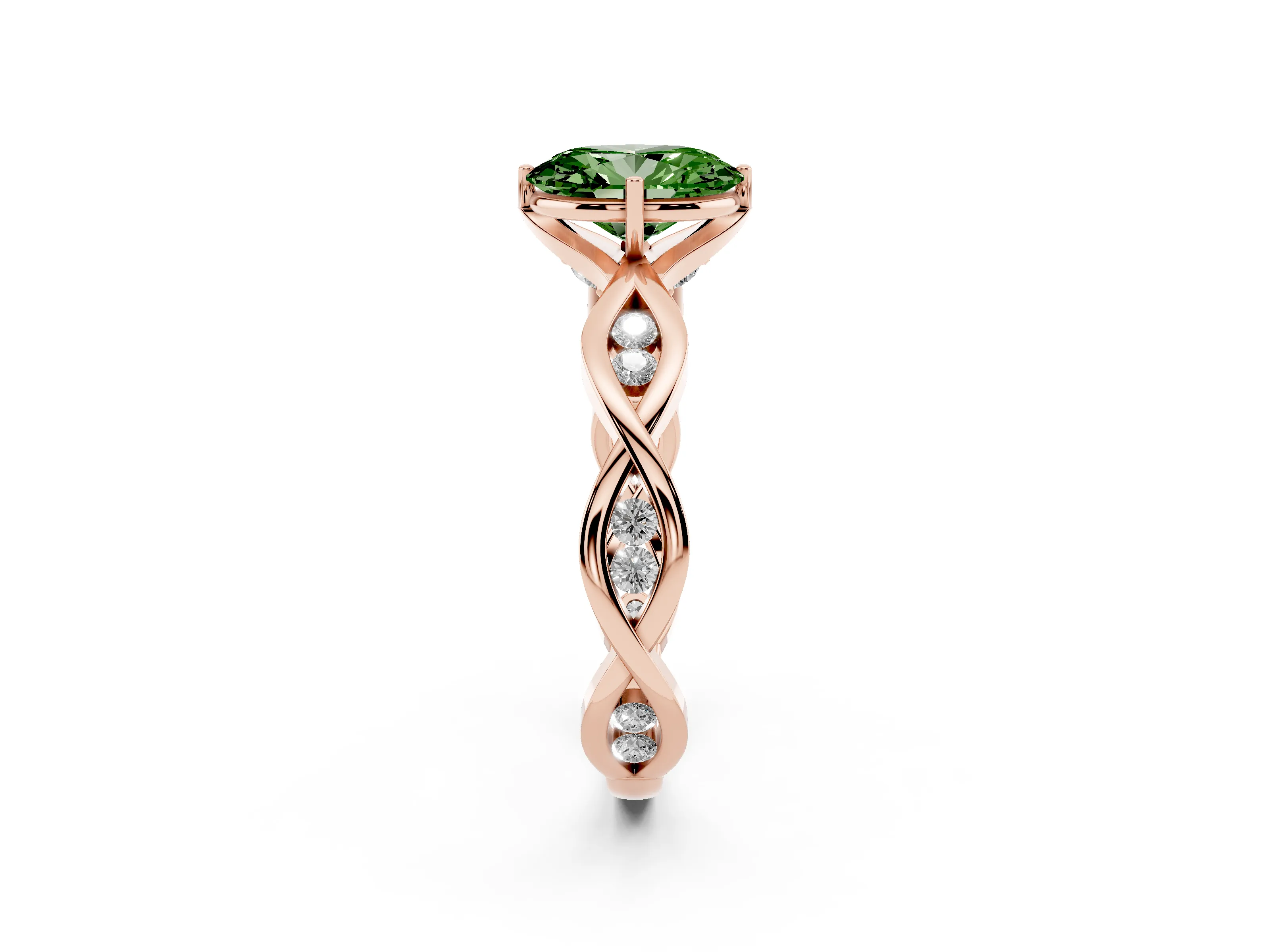 Fancy Green Oval Cut Diamond Twist Band Solitaire Ring Set in Rose gold with Leaf Prong Setting and Accent Stones