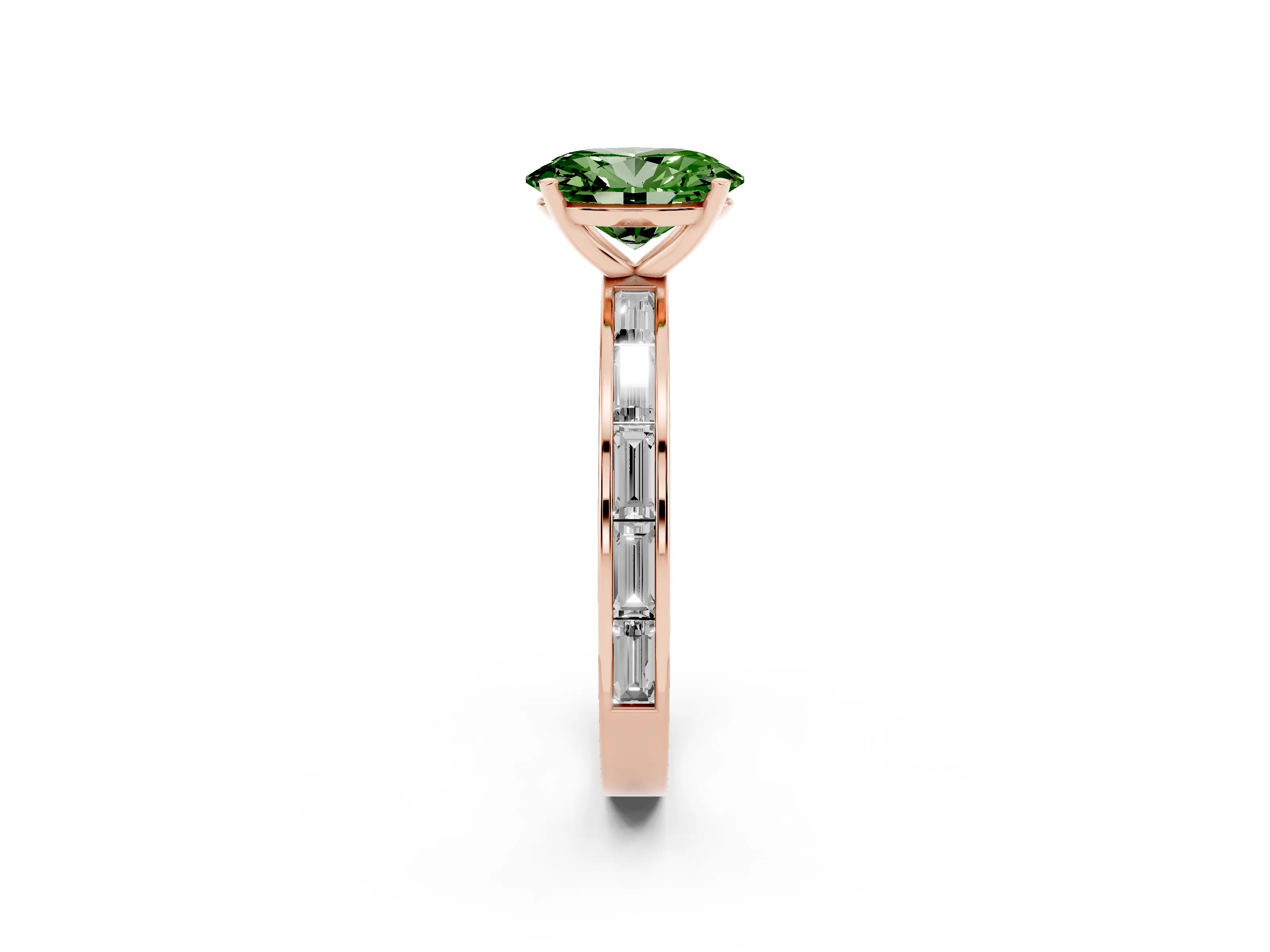 Fancy Green Oval Cut Diamond Solitaire Ring Set in Rose gold with Channel-Set Baguette Band and Prong Setting