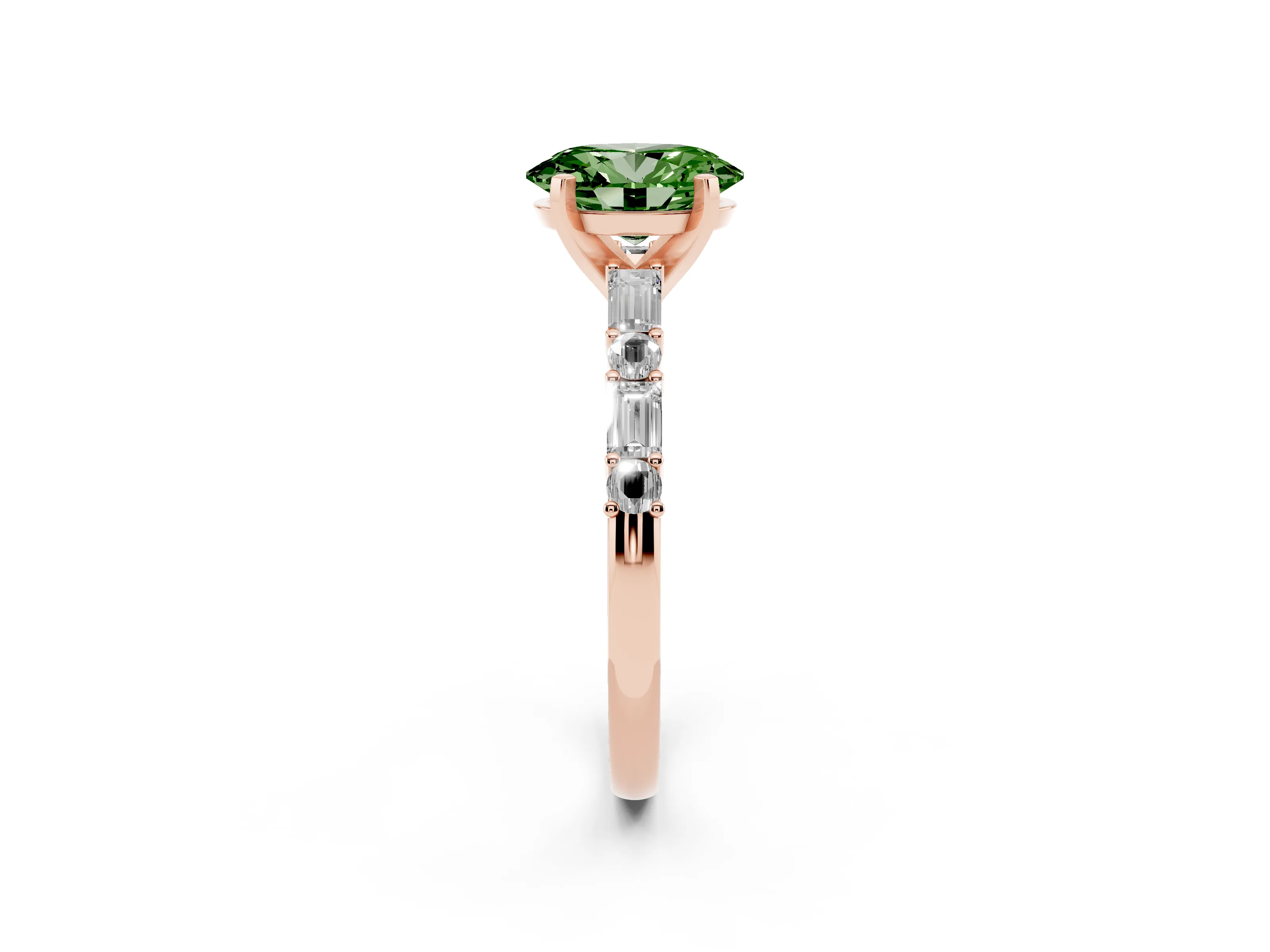 Fancy Green Oval Cut Diamond Solitaire Set in Rose gold with Side Baguettes and Channel Set Band