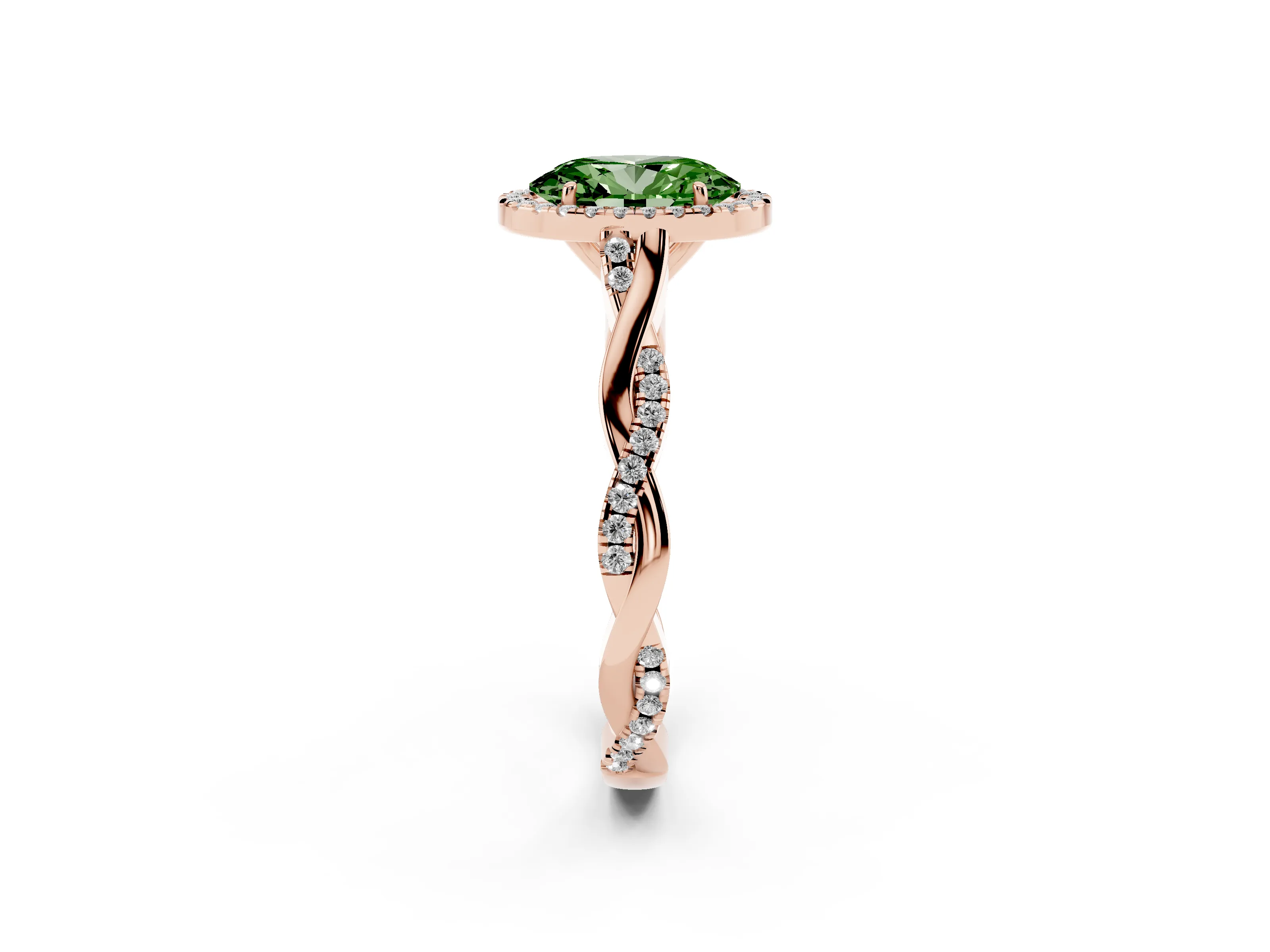 Fancy Green Oval Cut Diamond Halo Twist Band Solitaire Ring Set in Rose gold with Prong Setting