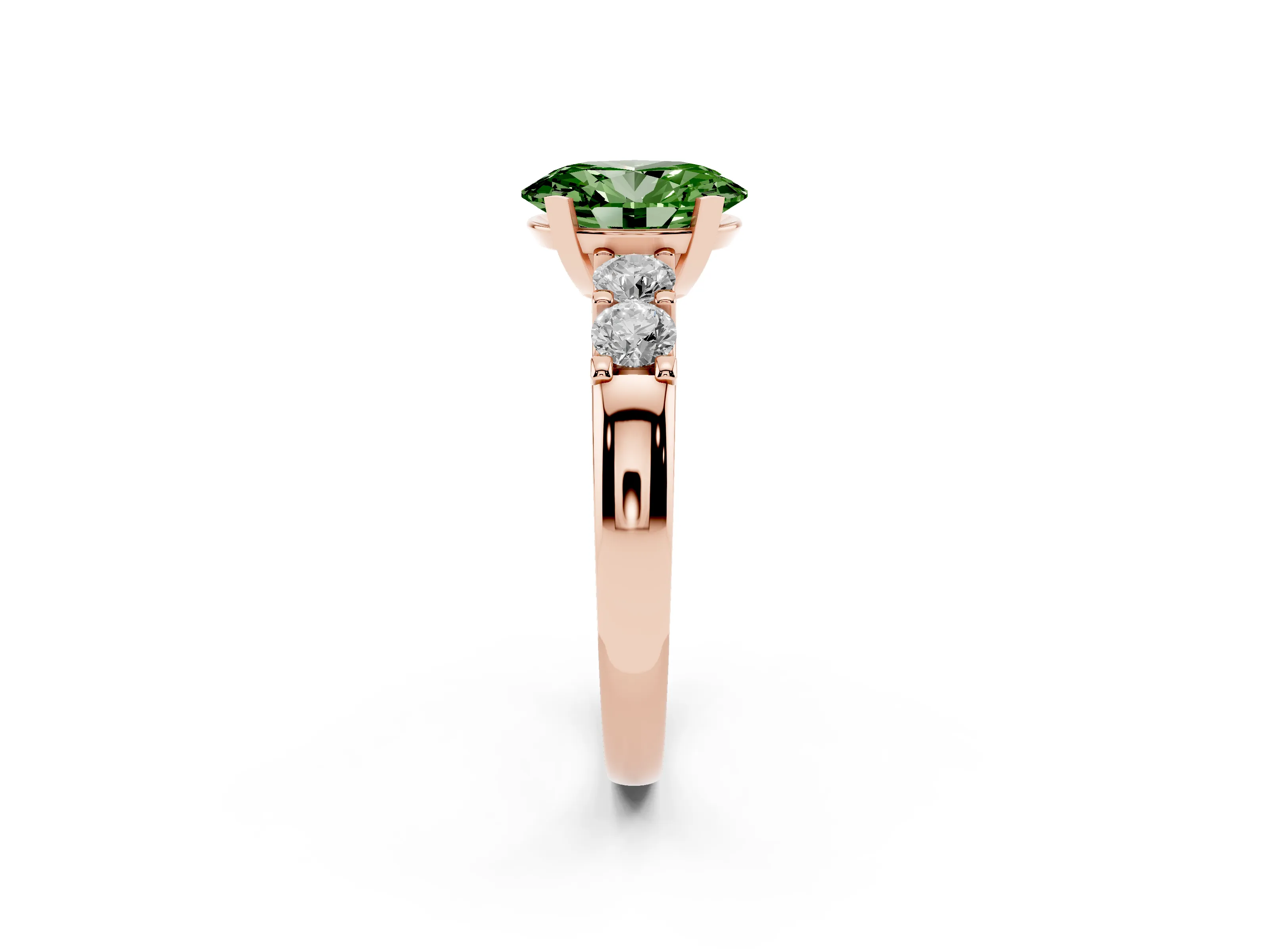 Fancy Green Oval Cut Diamond Five-Stone Prong Set Engagement Ring Set in Rose gold with Channel Band