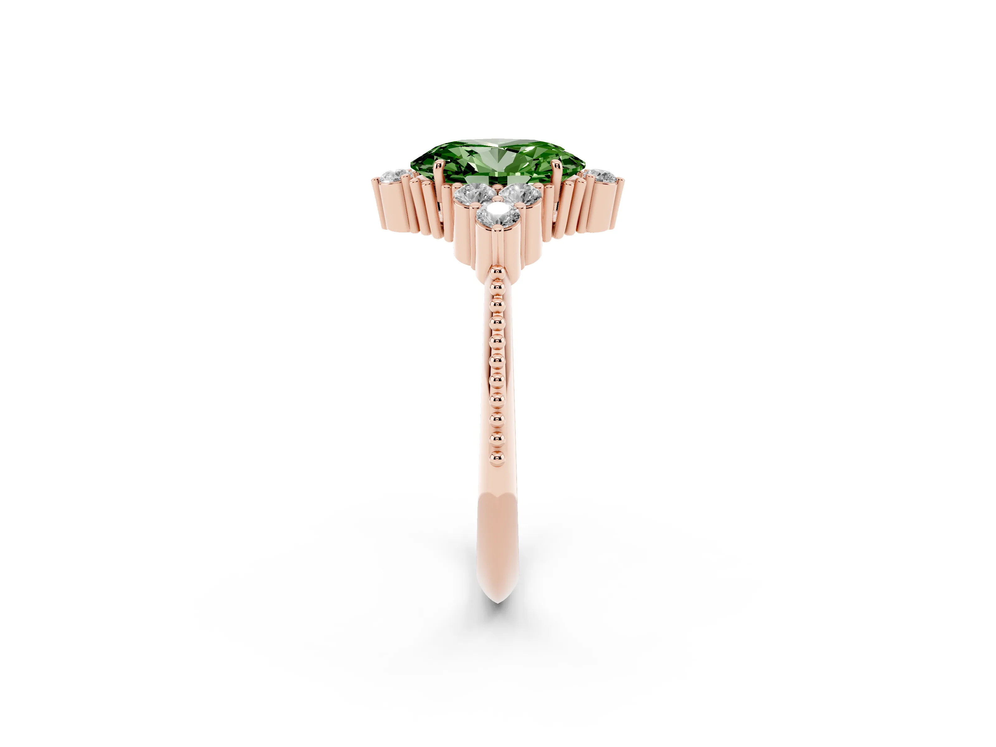 Fancy Green Oval Cut Diamond Cluster Ring Set in Rose gold with Beaded Band