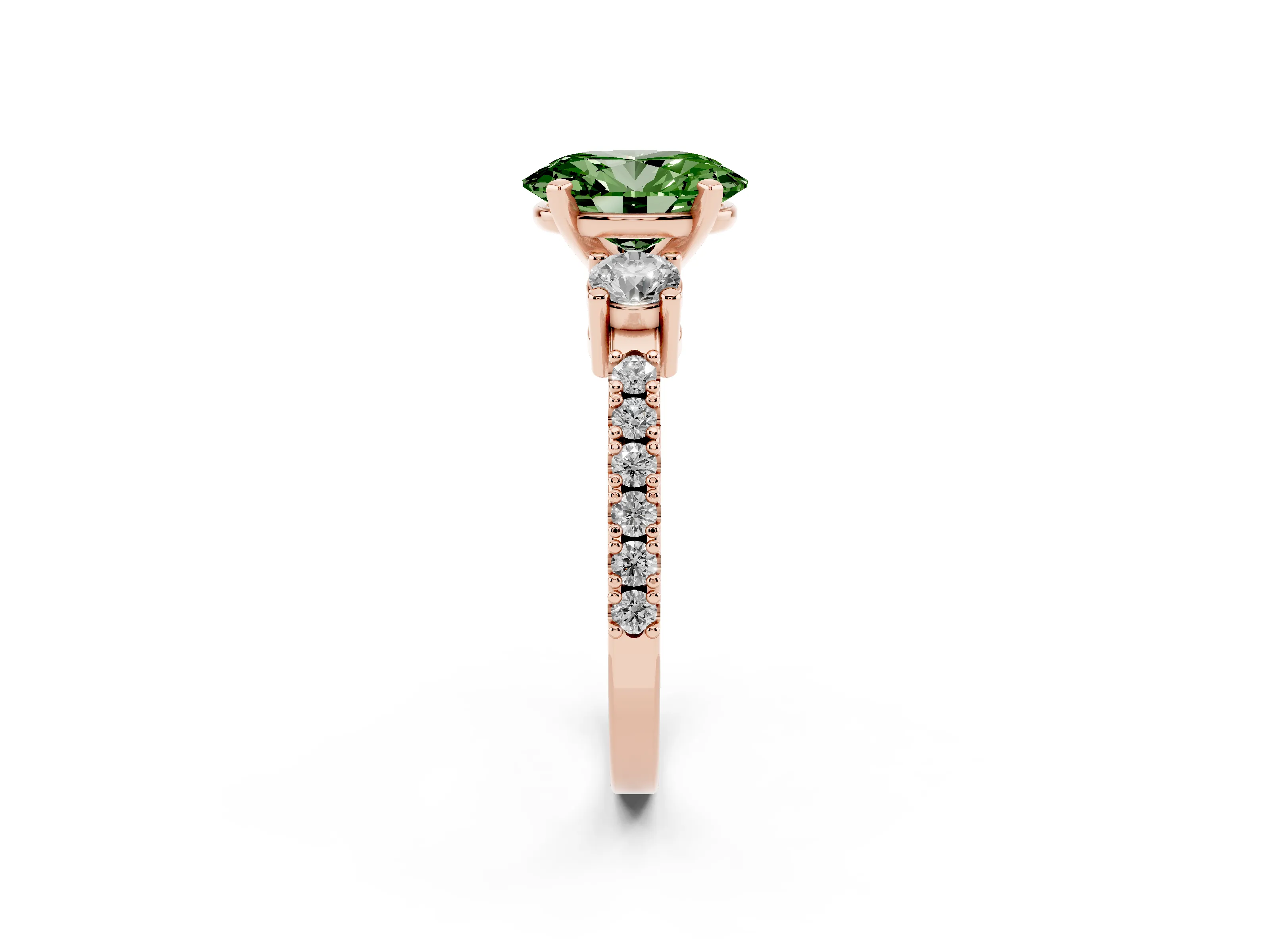 Fancy Green Three-Stone Oval Cut Diamond Pavé Band Ring Set in Rose gold with Prong Setting
