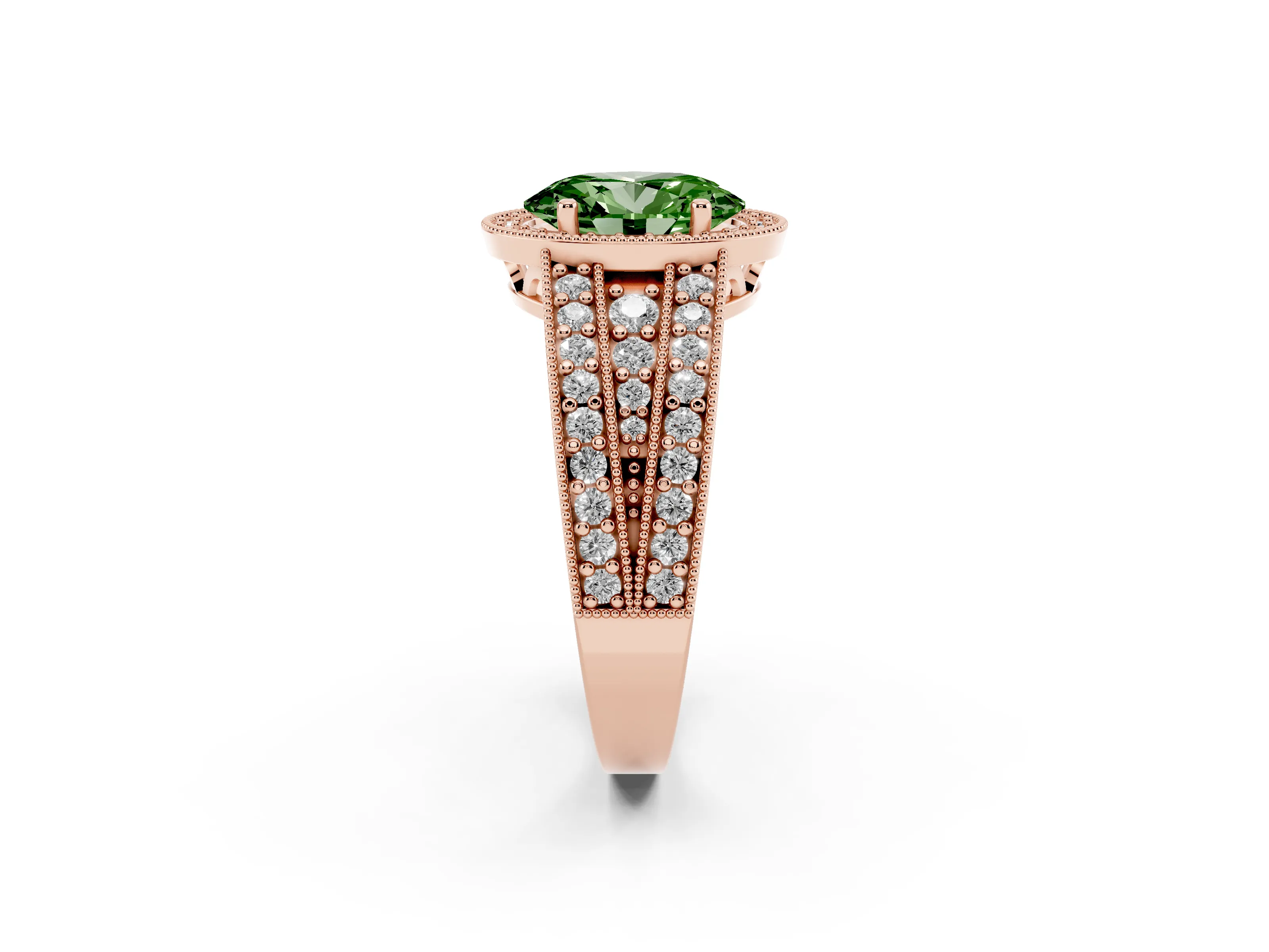 Fancy Green Oval Cut Diamond Halo Ring Set in Rose gold with Accent Split Shank and Prong Setting