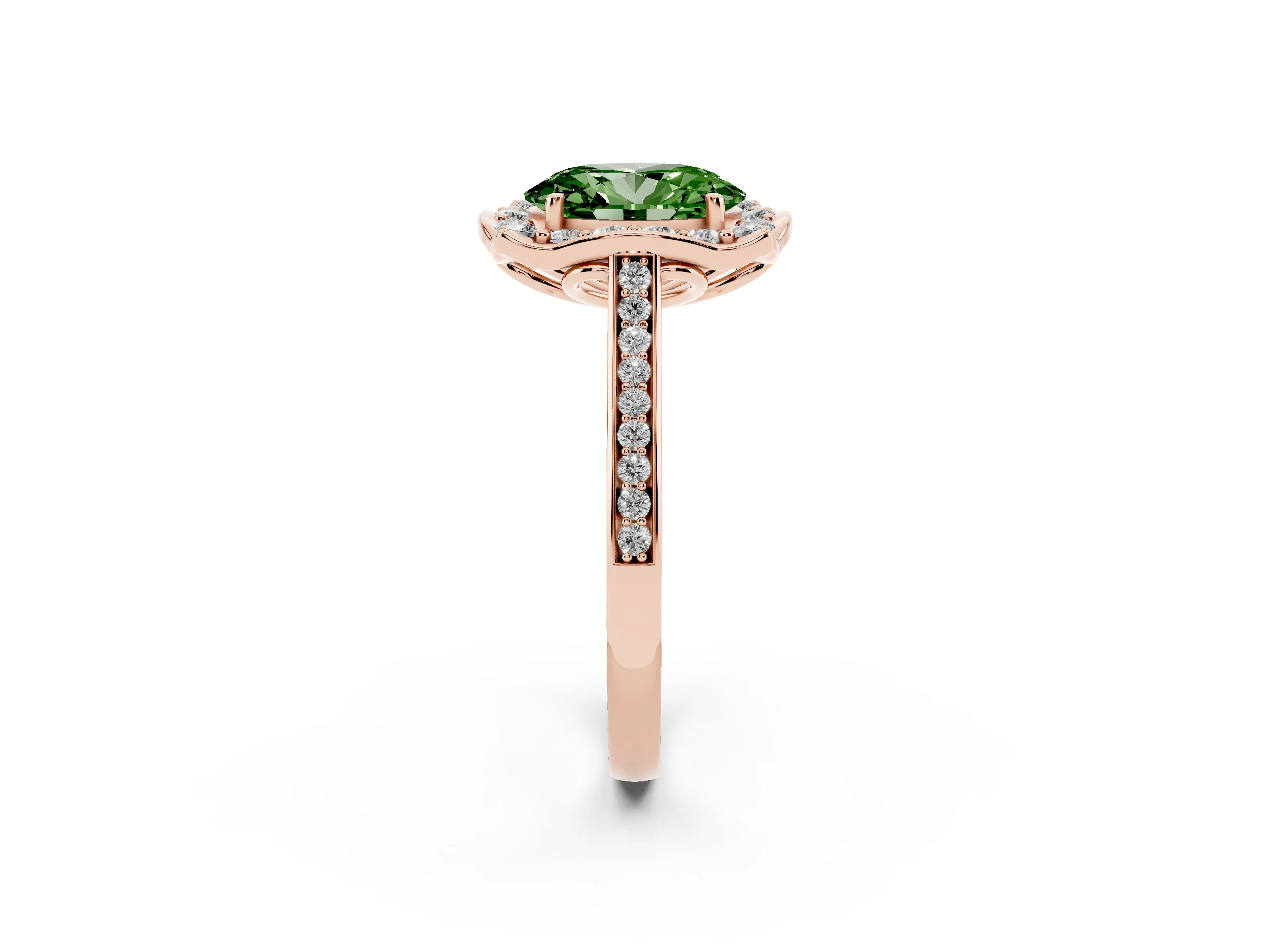 Fancy Green Oval Cut Diamond Halo Ring Set in Rose gold with Pavé-Lined Shoulders and Prong Setting
