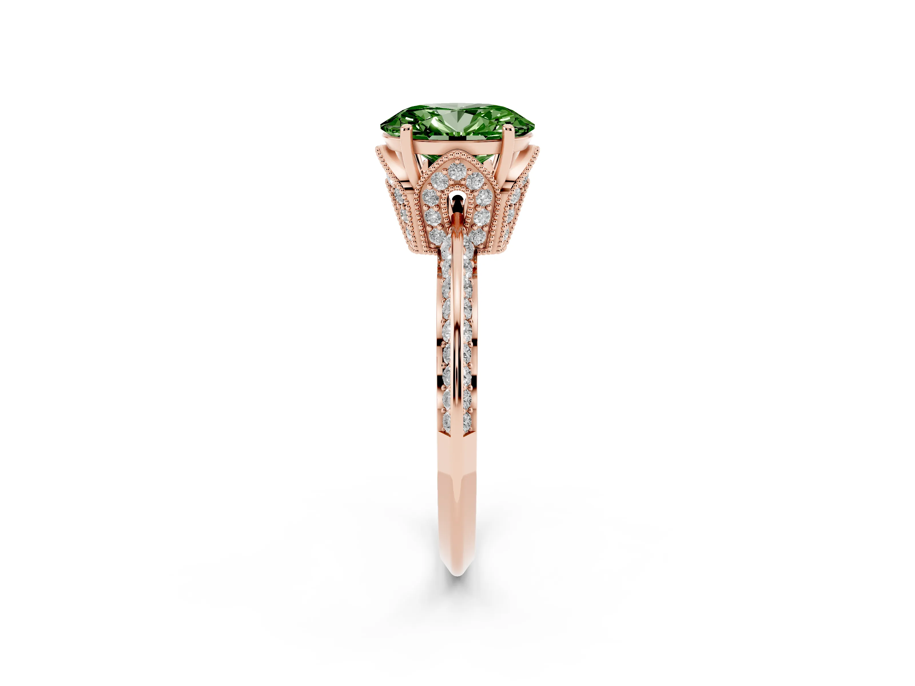 Fancy Green Oval Cut Diamond Solitaire Engagement Ring Set in Rose gold with Pavé Split Shank and Prong Setting