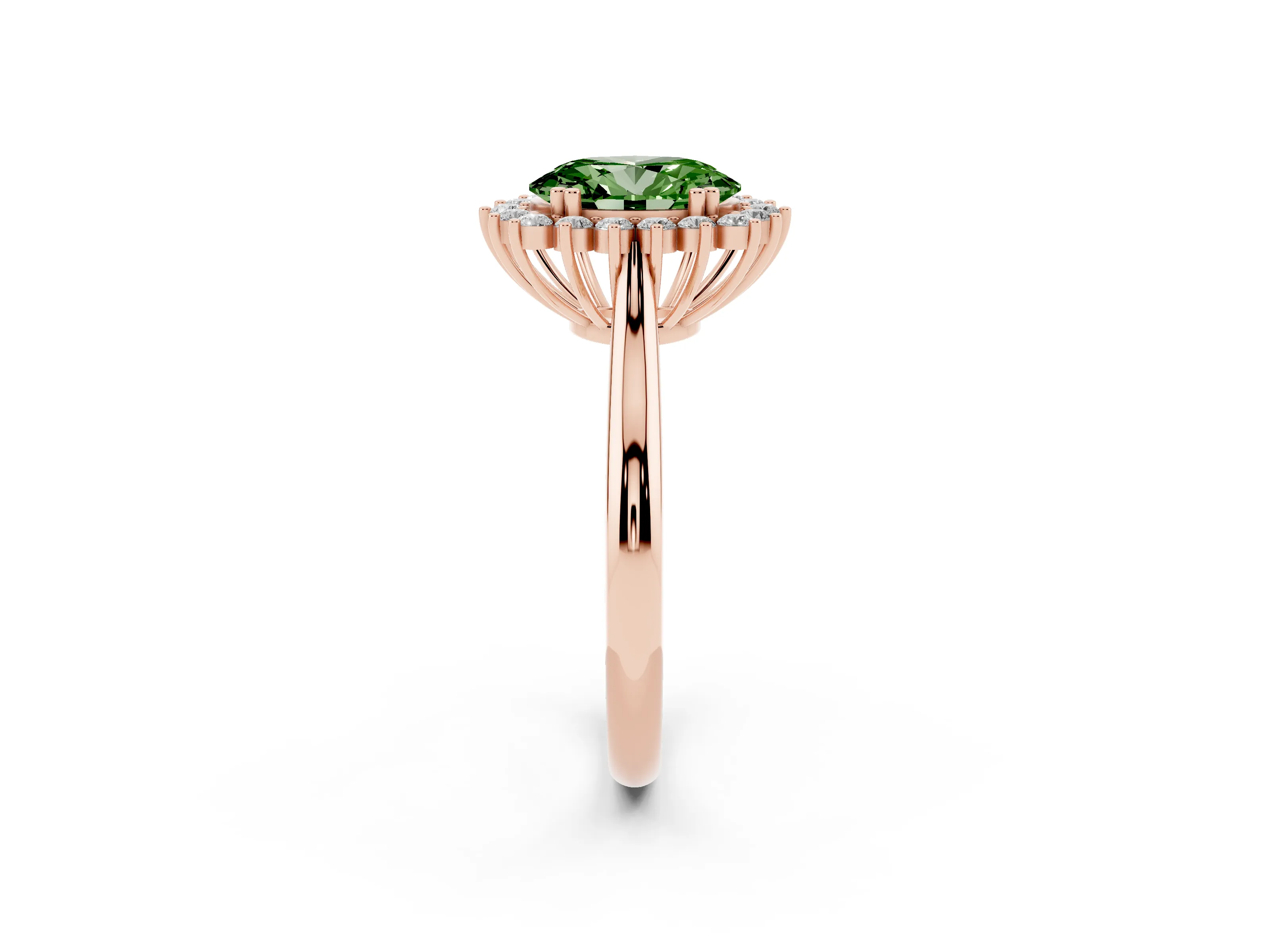 Fancy Green Oval Cut Diamond Halo Ring Set in Rose gold with Plain Solitaire Band and Prong Setting