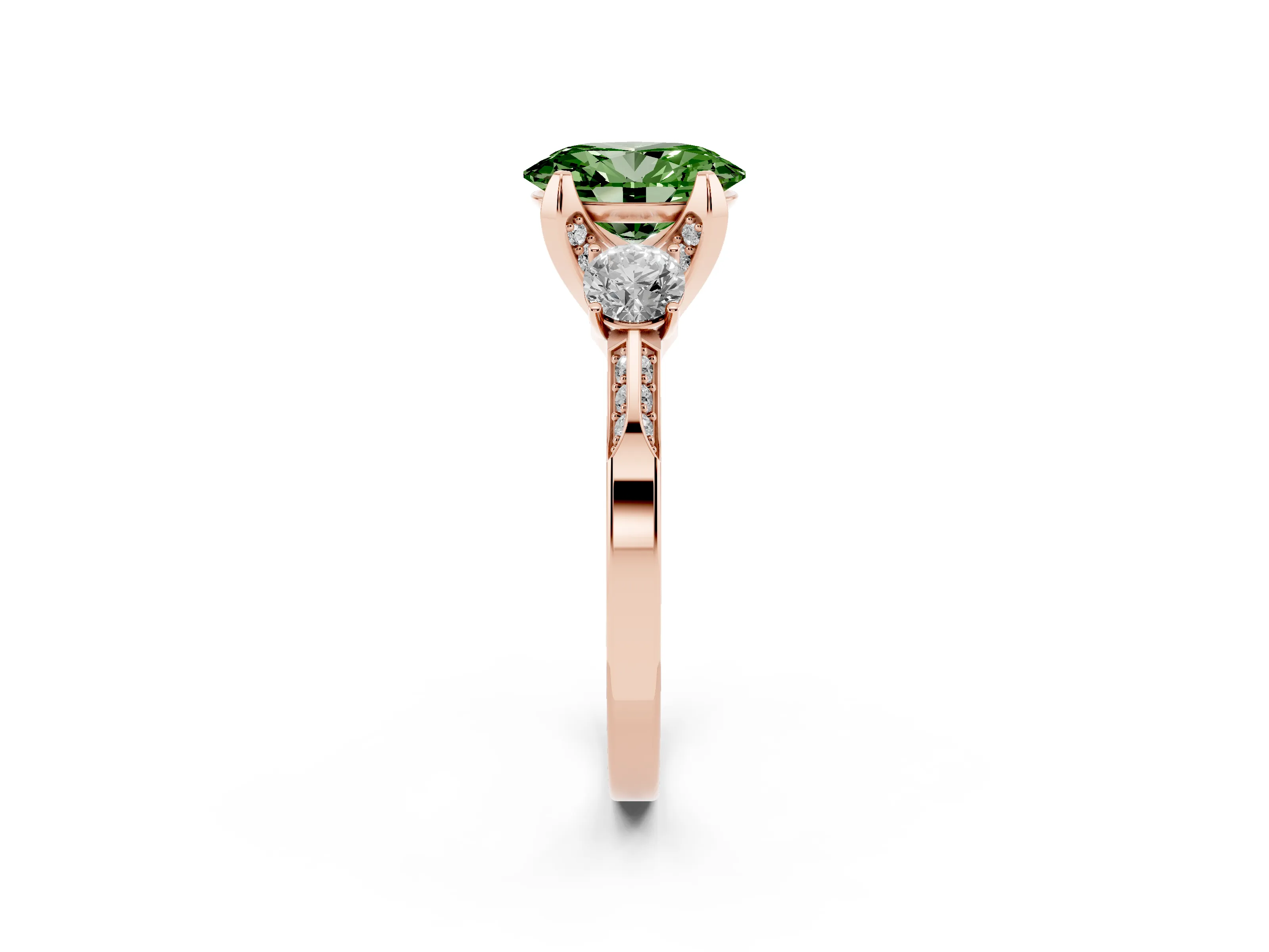 Fancy Green Oval Cut Diamond Three-Stone Ring Set in Rose gold with Pavé Band and Smaller Side Stones