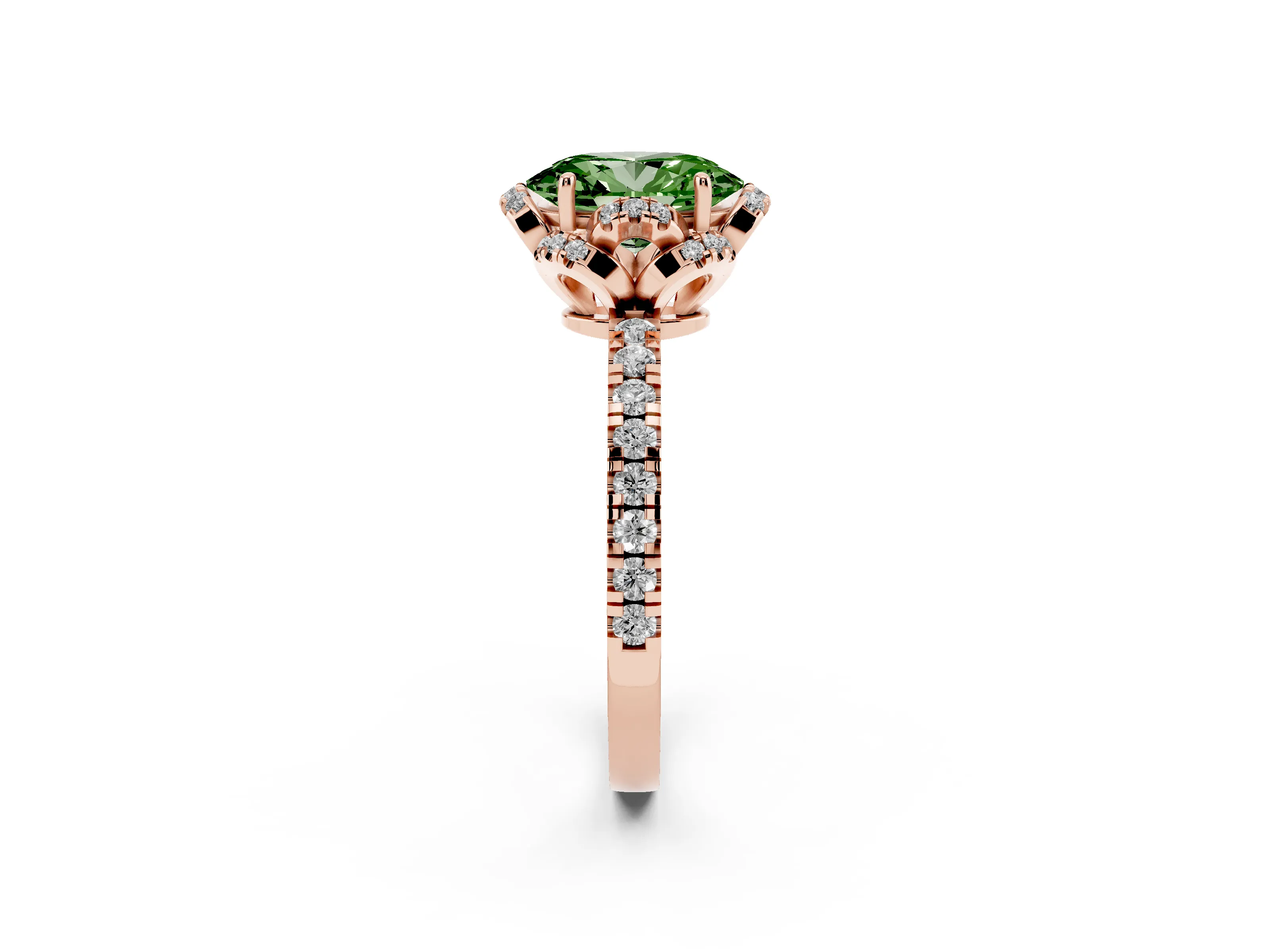 Fancy Green Oval Cut Diamond Halo Pavé Band Ring Set in Rose gold with Prong-Held Center