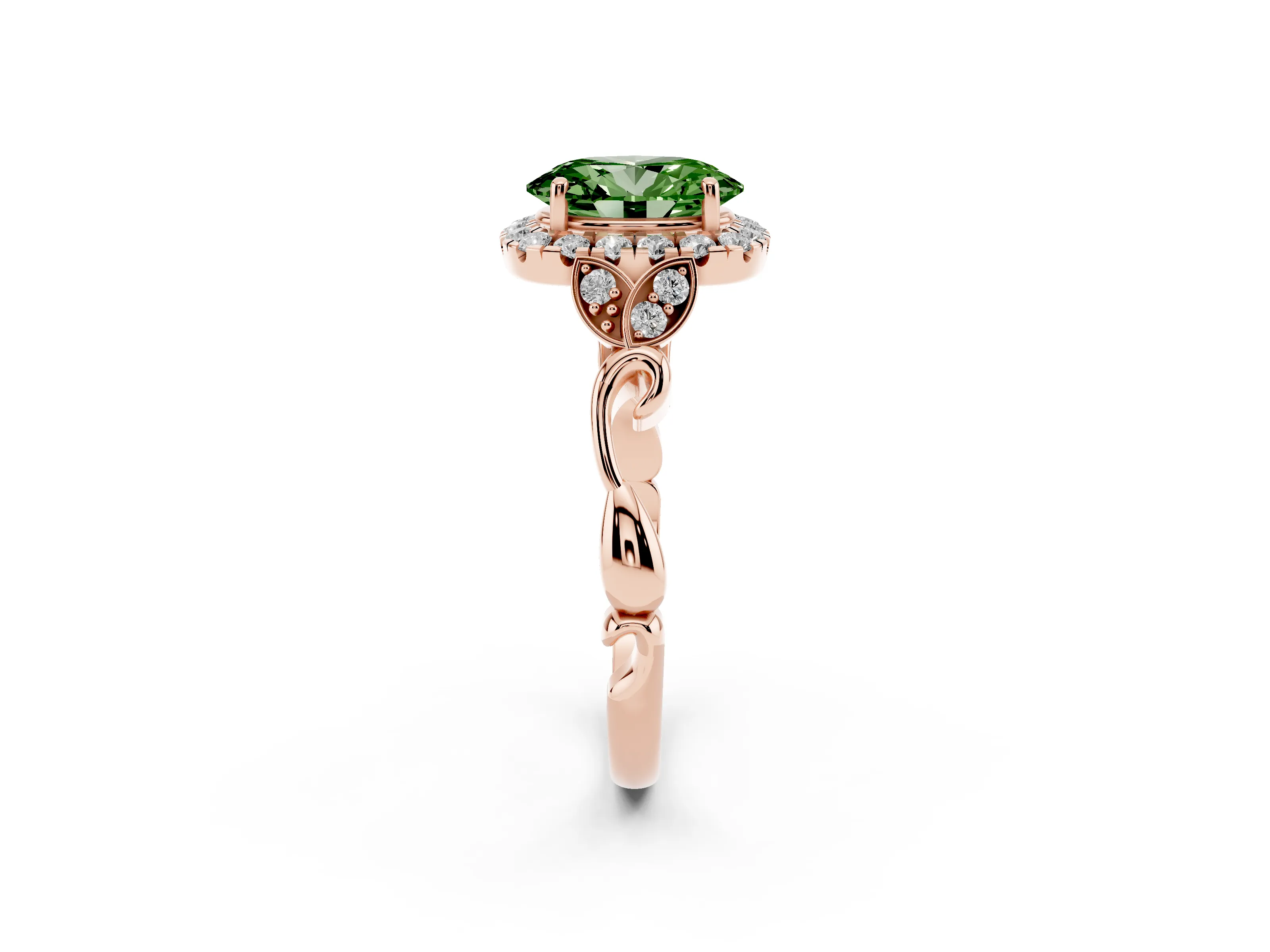 Fancy Green Oval Cut Diamond Halo Engagement Ring Set in Rose gold with Vintage-Inspired Band and Prong Setting