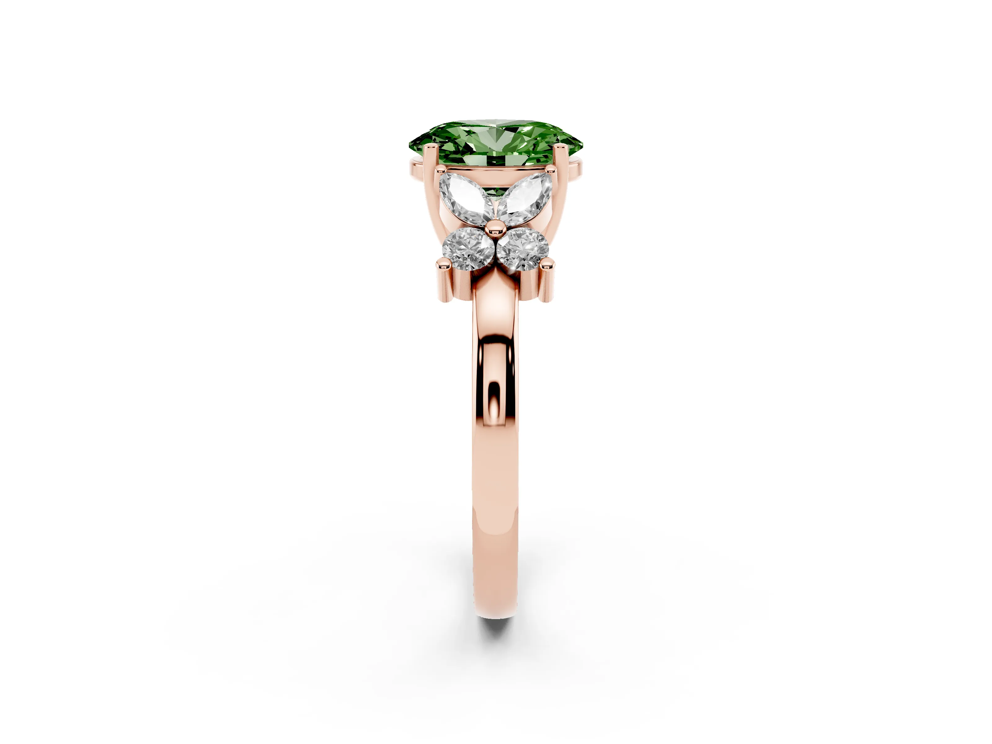 Fancy Green Oval Cut Diamond Floral Cluster Ring Set in Rose gold with Marquise Petals and Prong Setting
