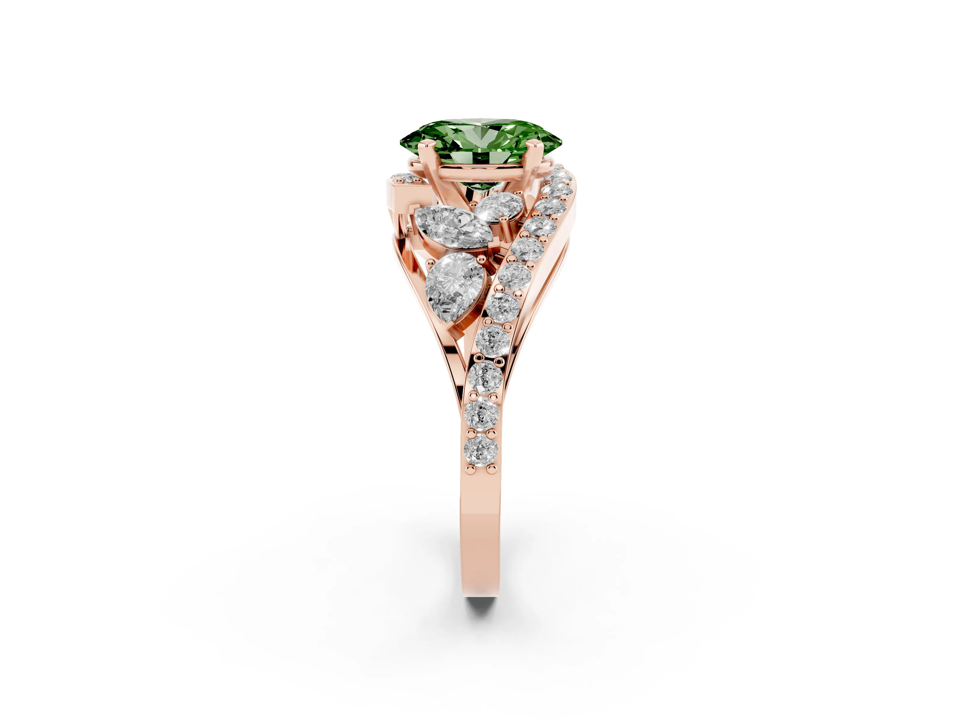 Fancy Green Oval Cut Diamond Halo Ring Set in Rose gold with Marquise and Pavé Band in Prong Setting