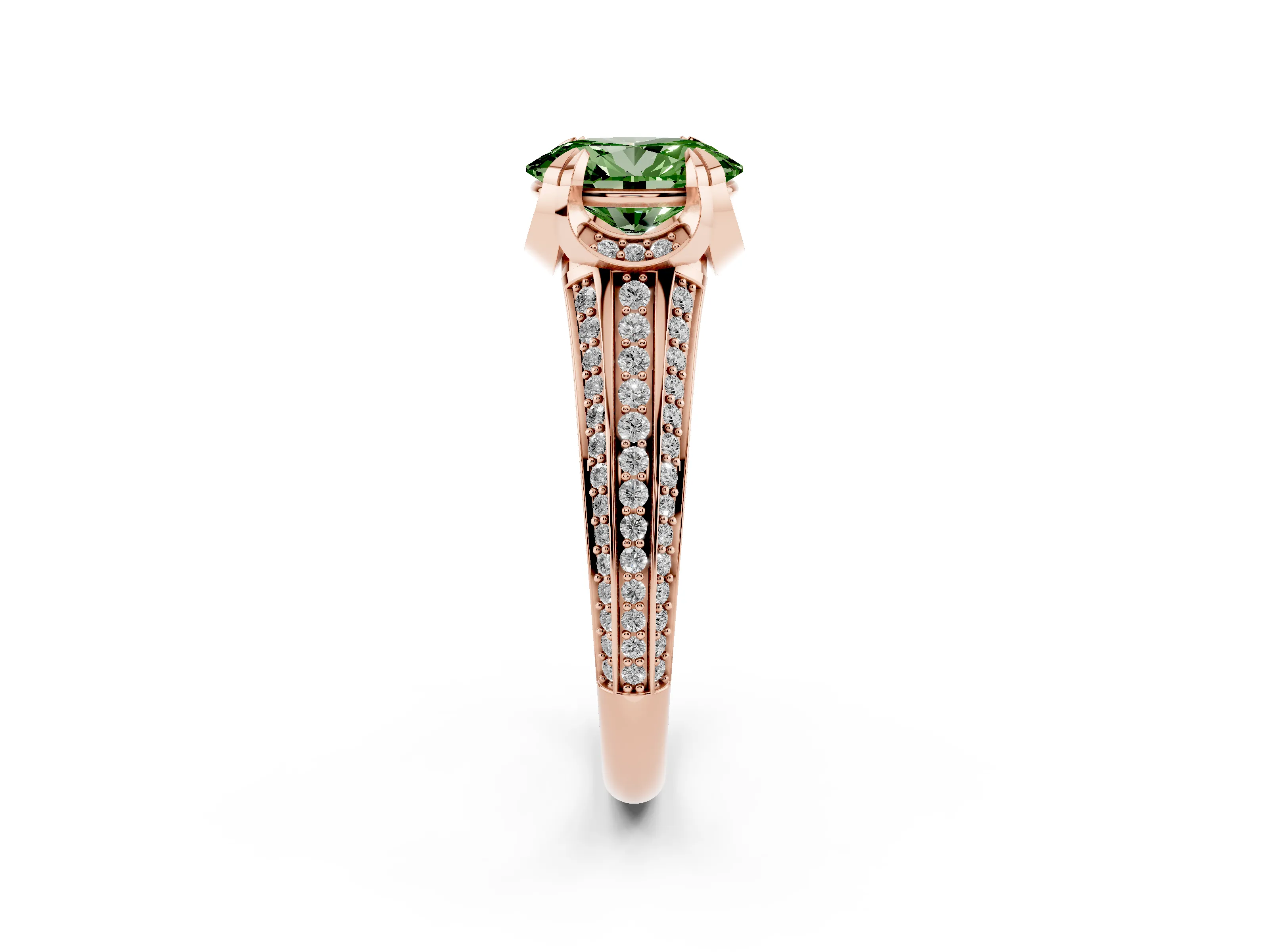 Fancy Green Oval Cut Diamond Pavé Split Shank Solitaire Ring Set in Rose gold with Prong Setting