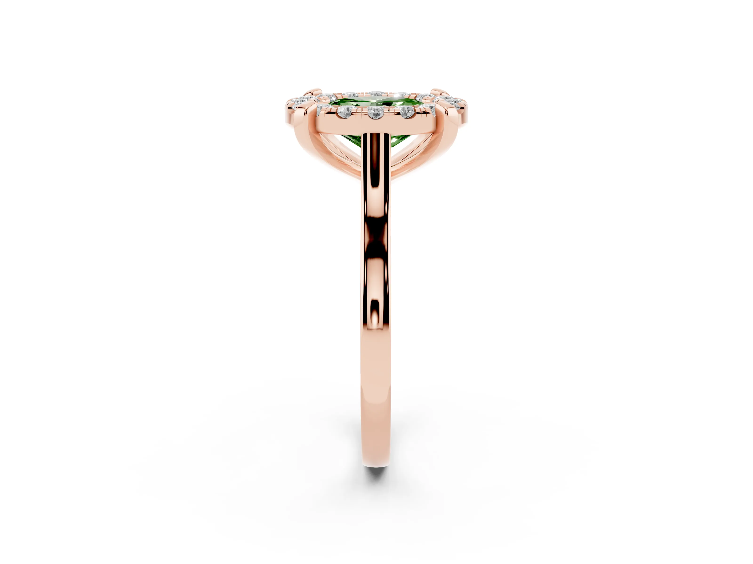 Fancy Green Oval Cut Diamond Cluster Halo Solitaire Ring Set in Rose gold with Prong Setting