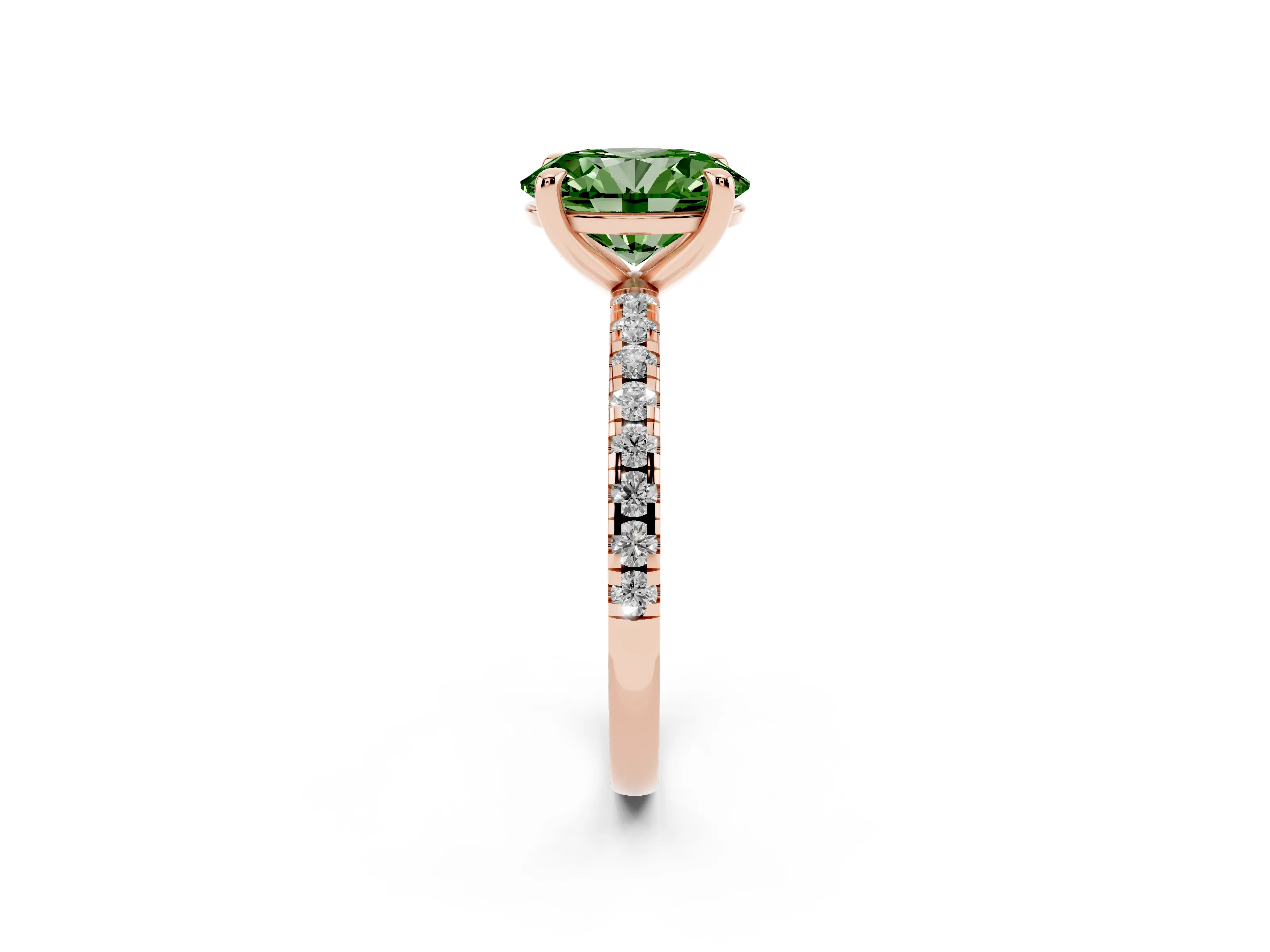 Fancy Green Oval Cut Diamond Brilliant Solitaire Ring Set in Rose gold with Pavé Band and Prong Setting