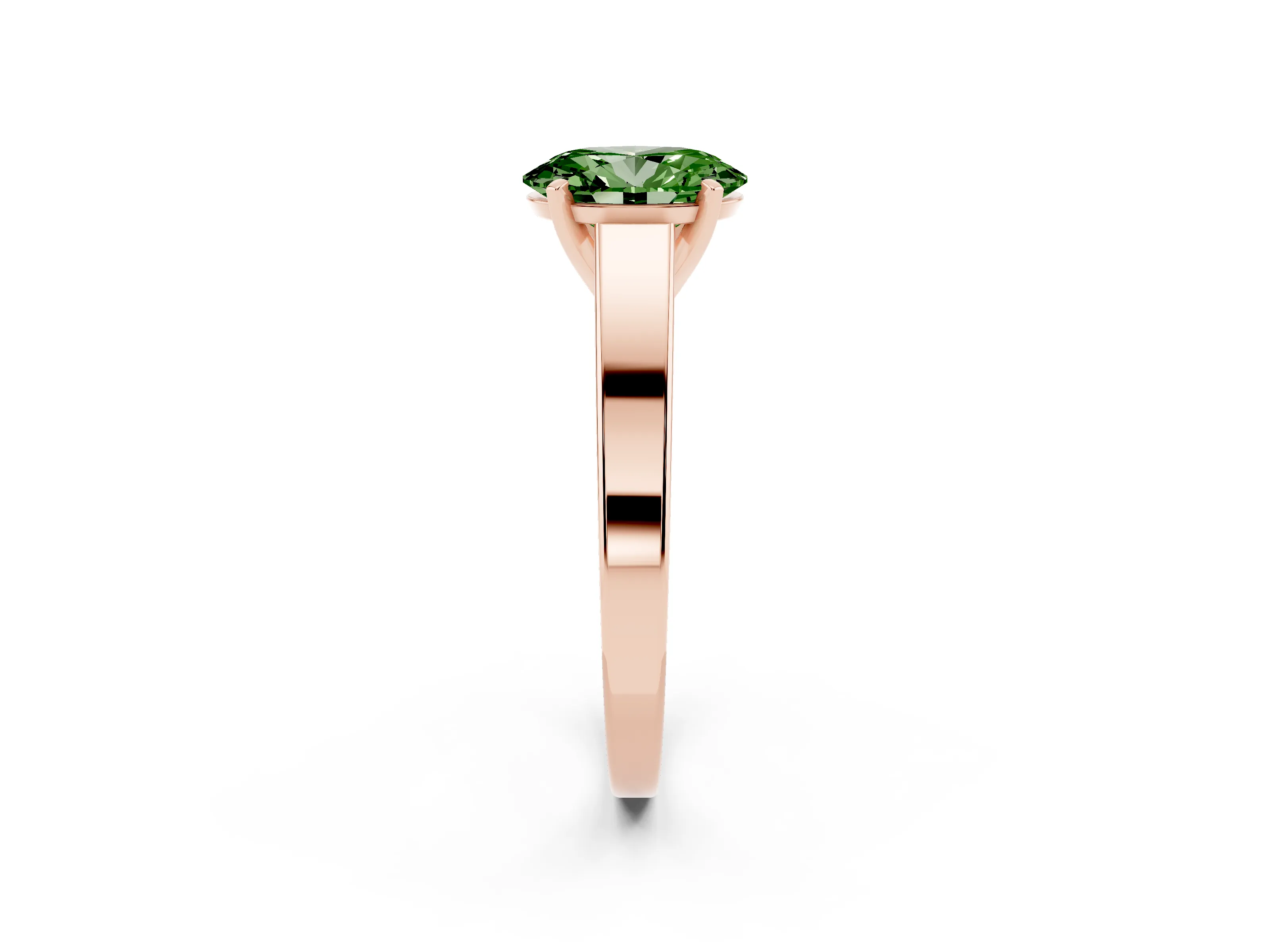 Fancy Green Oval Cut Diamond Solitaire Engagement Ring Set in Rose gold with Prong Setting and Tapered Band