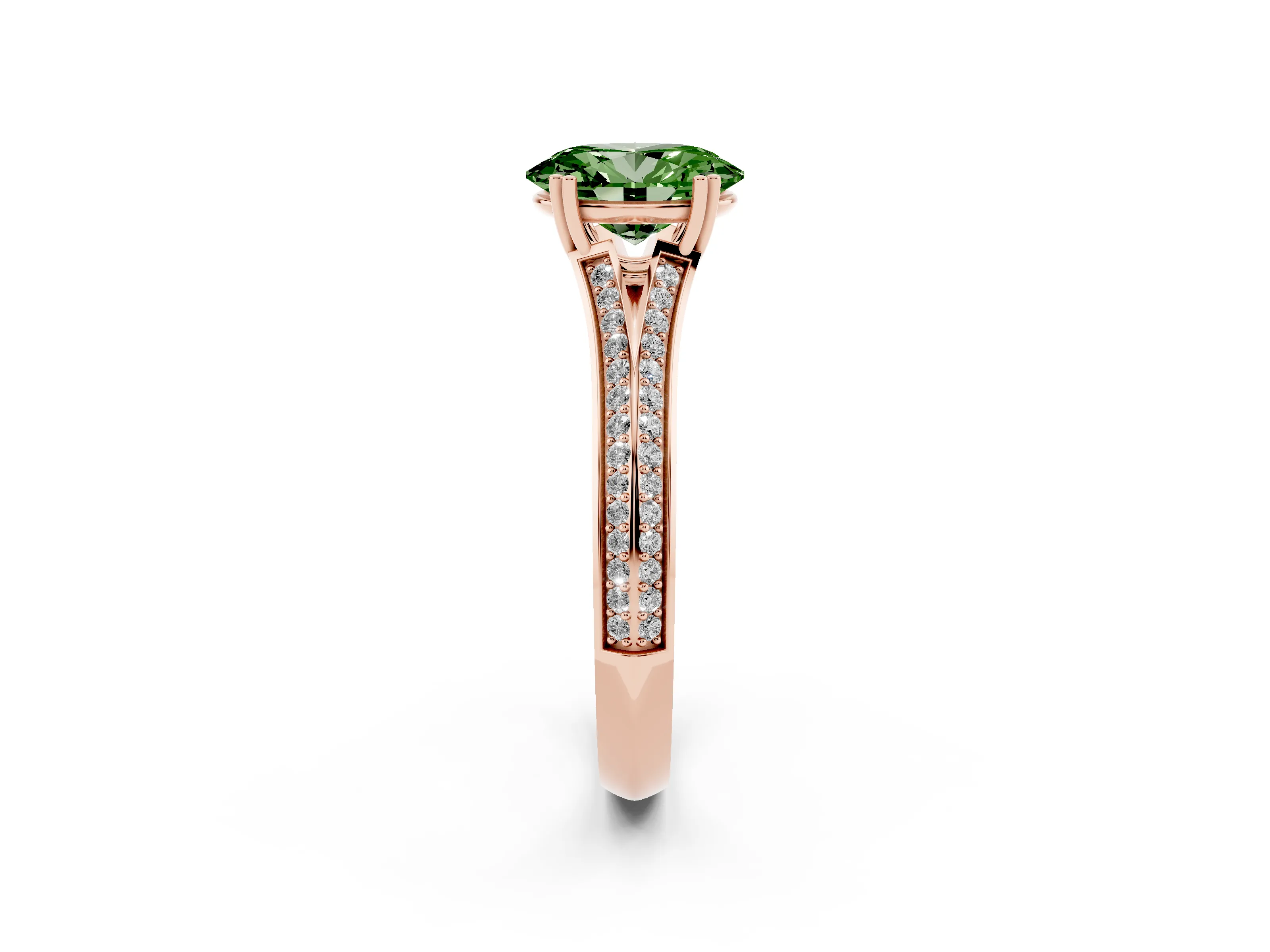 Fancy Green Oval Cut Diamond Split Shank Pavé Engagement Ring Set in Rose gold with Prong-Set Center Stone