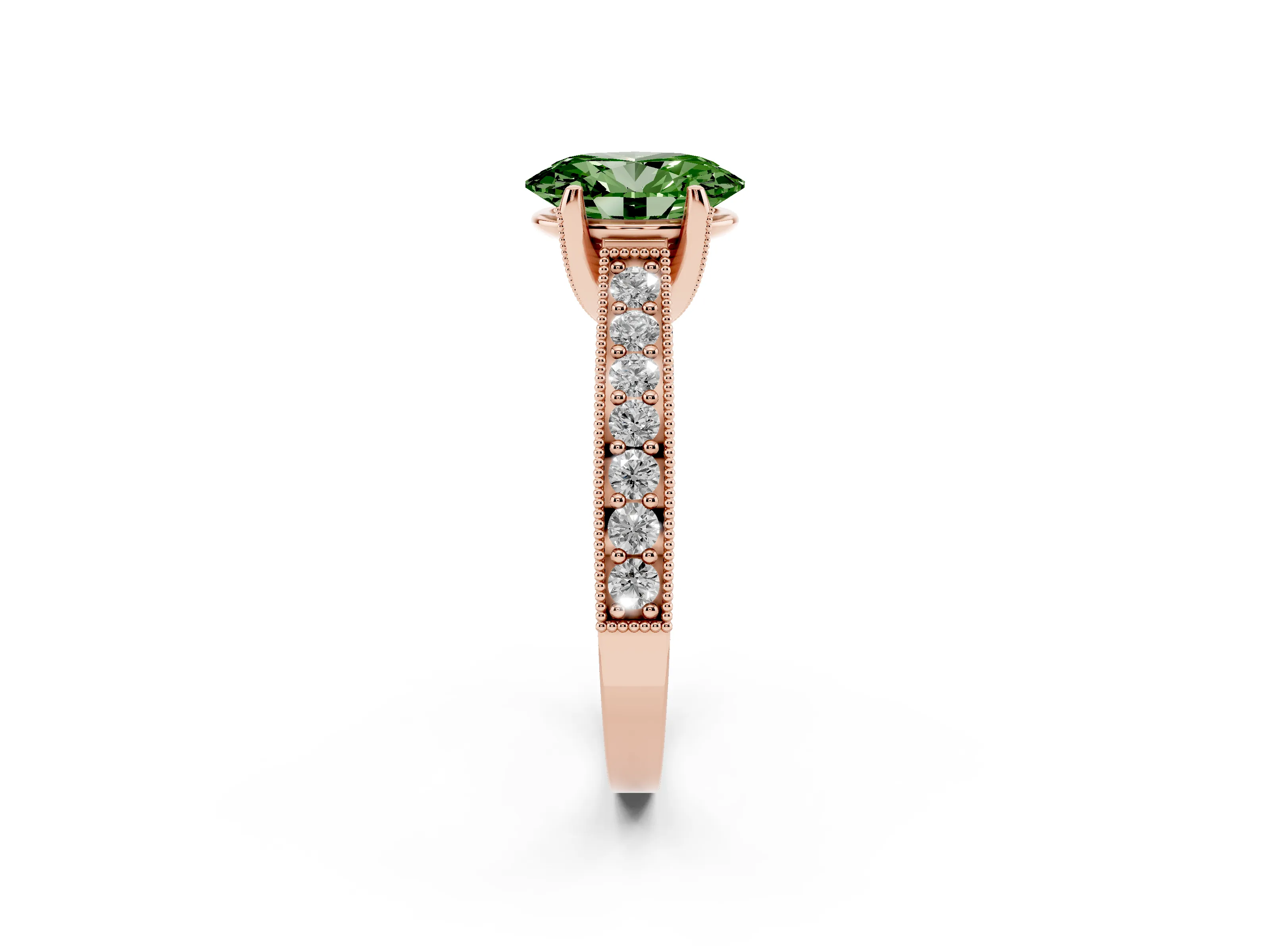 Fancy Green Oval Cut Diamond Solitaire Ring Set in Rose gold with Milgrain-Edged Pavé Band and Prong Setting