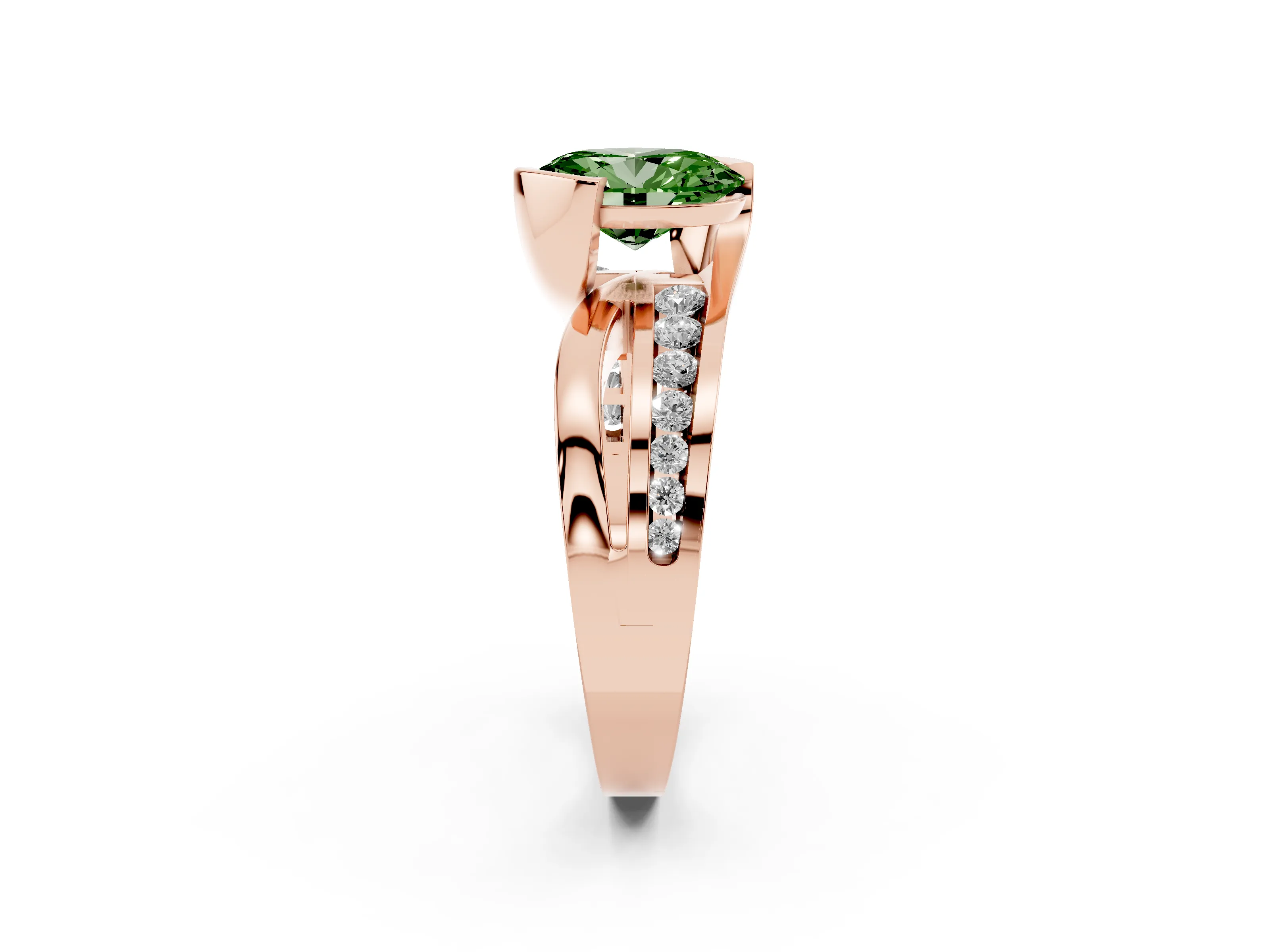 Fancy Green Oval Cut Diamond Solitaire Ring Set in Rose gold with Channel Set Split Shank and Tension Prongs
