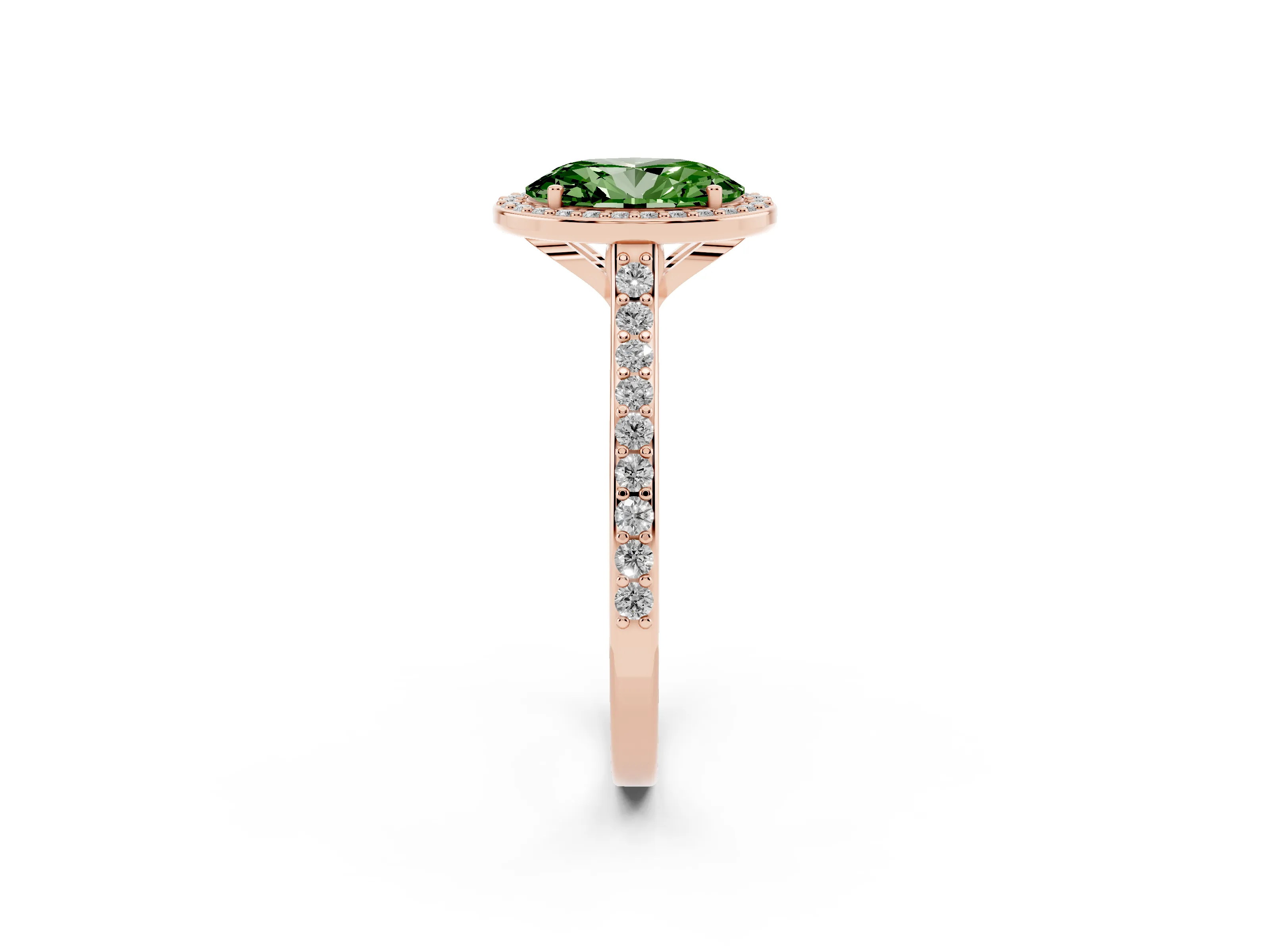 Fancy Green Oval Cut Diamond Halo Engagement Ring Set in Rose gold with Round Pavé Shoulders and Heart Gallery