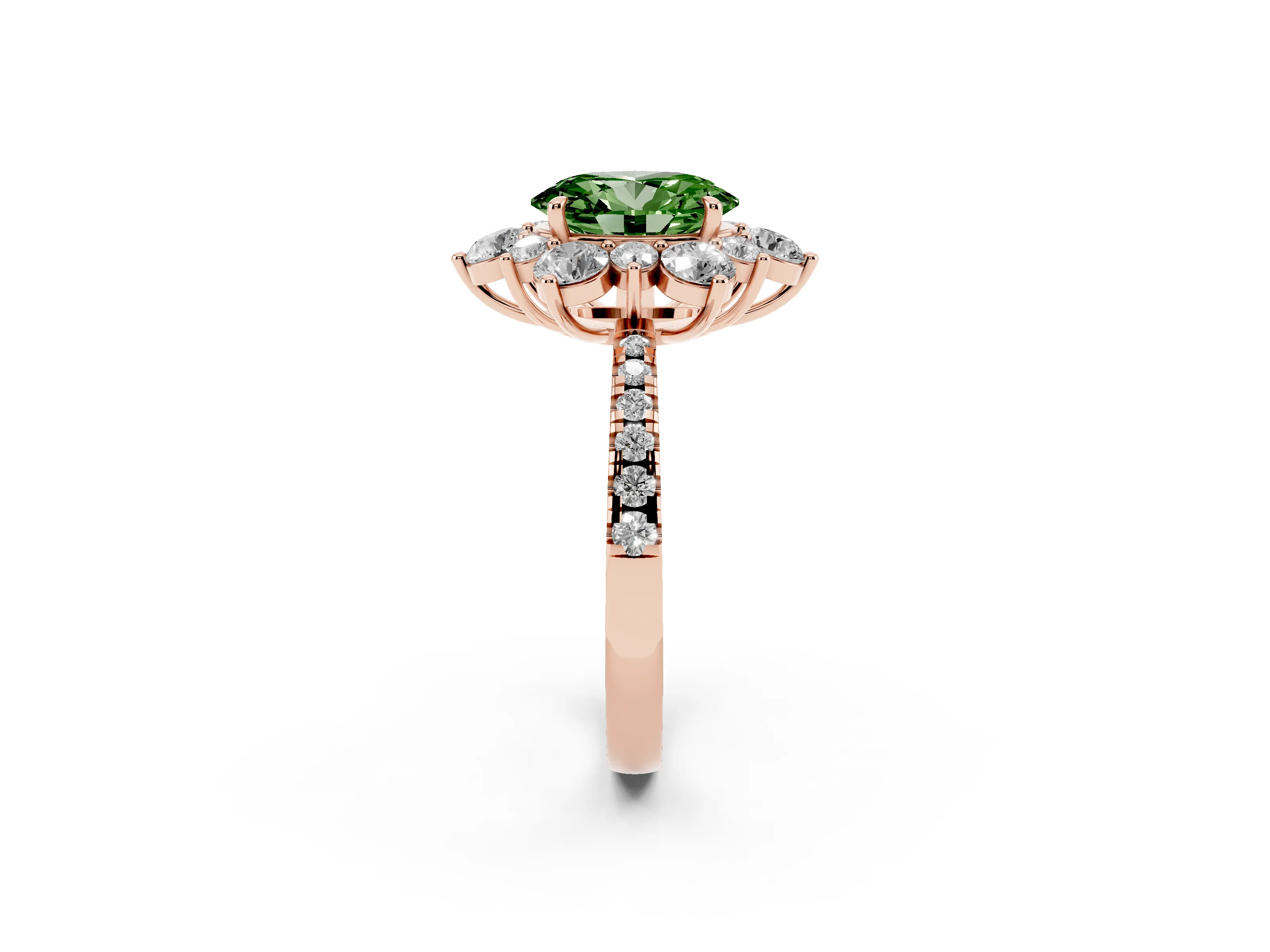 Fancy Green Oval Cut Diamond Floral Halo Ring Set in Rose gold with Round Pavé Band and Prong Setting