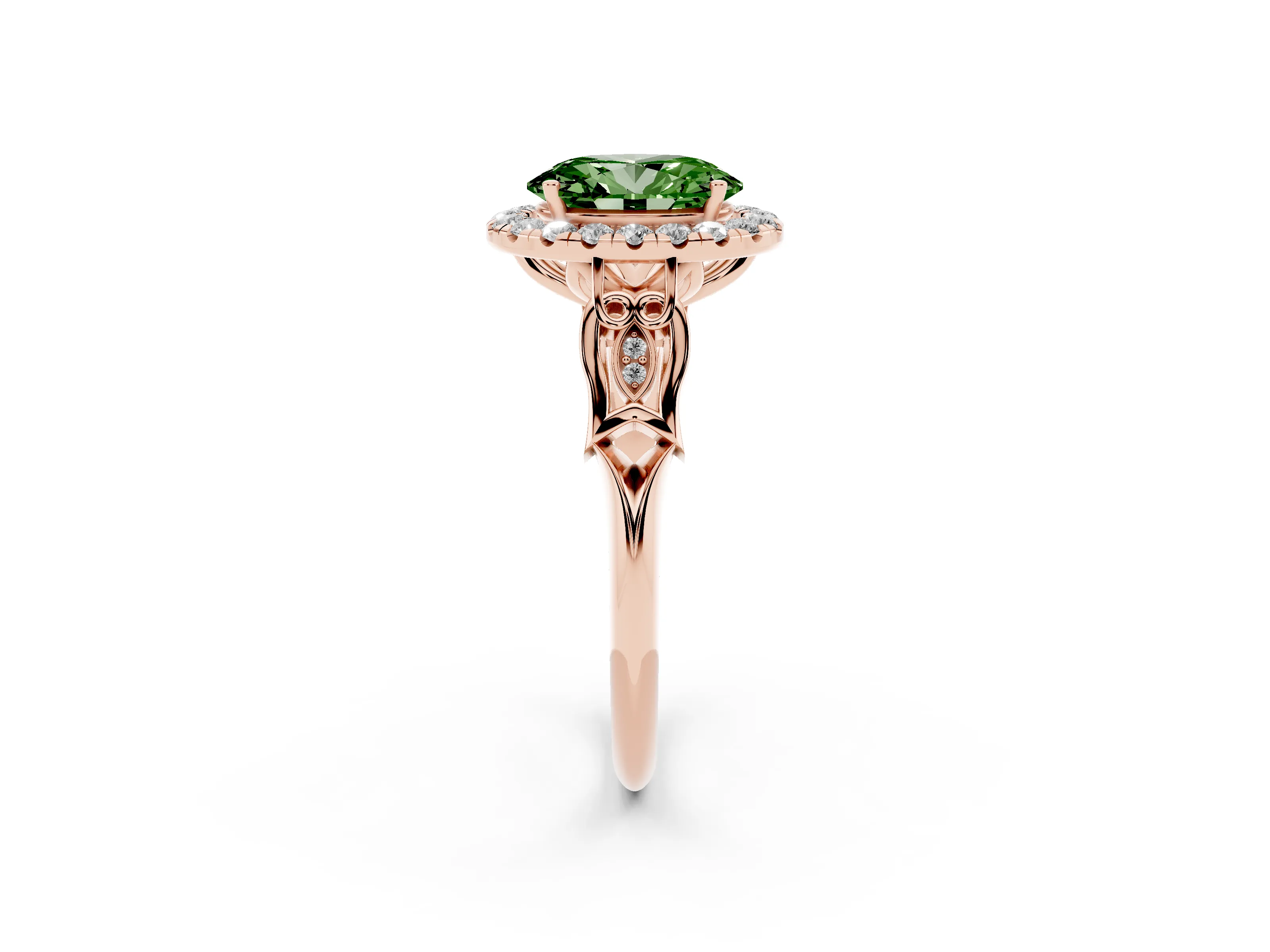 Fancy Green Oval Cut Diamond Halo Engagement Ring Set in Rose gold with Filigree Band and Prong-Set Center