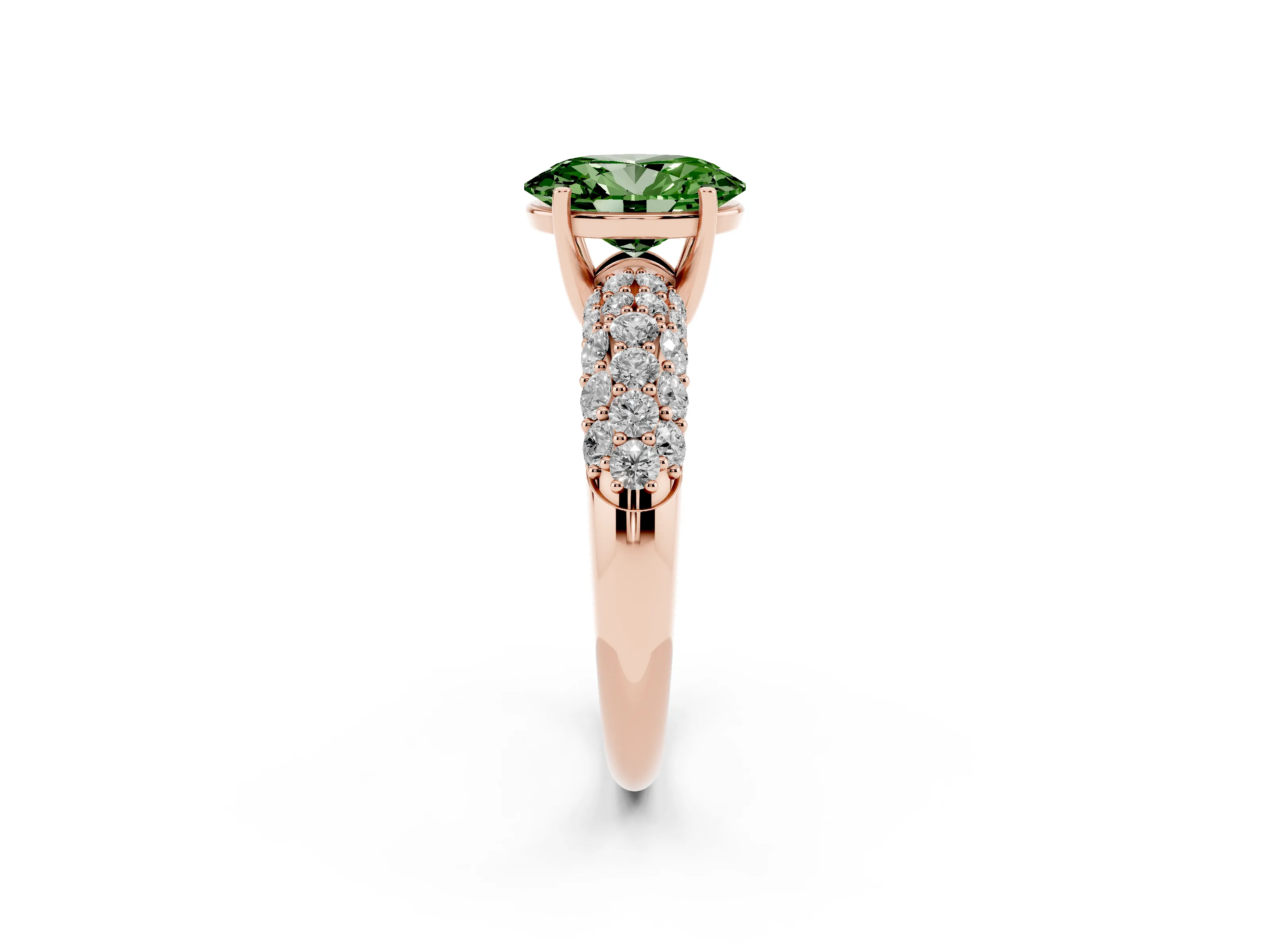 Fancy Green Oval Cut Diamond Pavé Band Solitaire Ring Set in Rose gold with Close-Set Accent Stones and Prong Setting