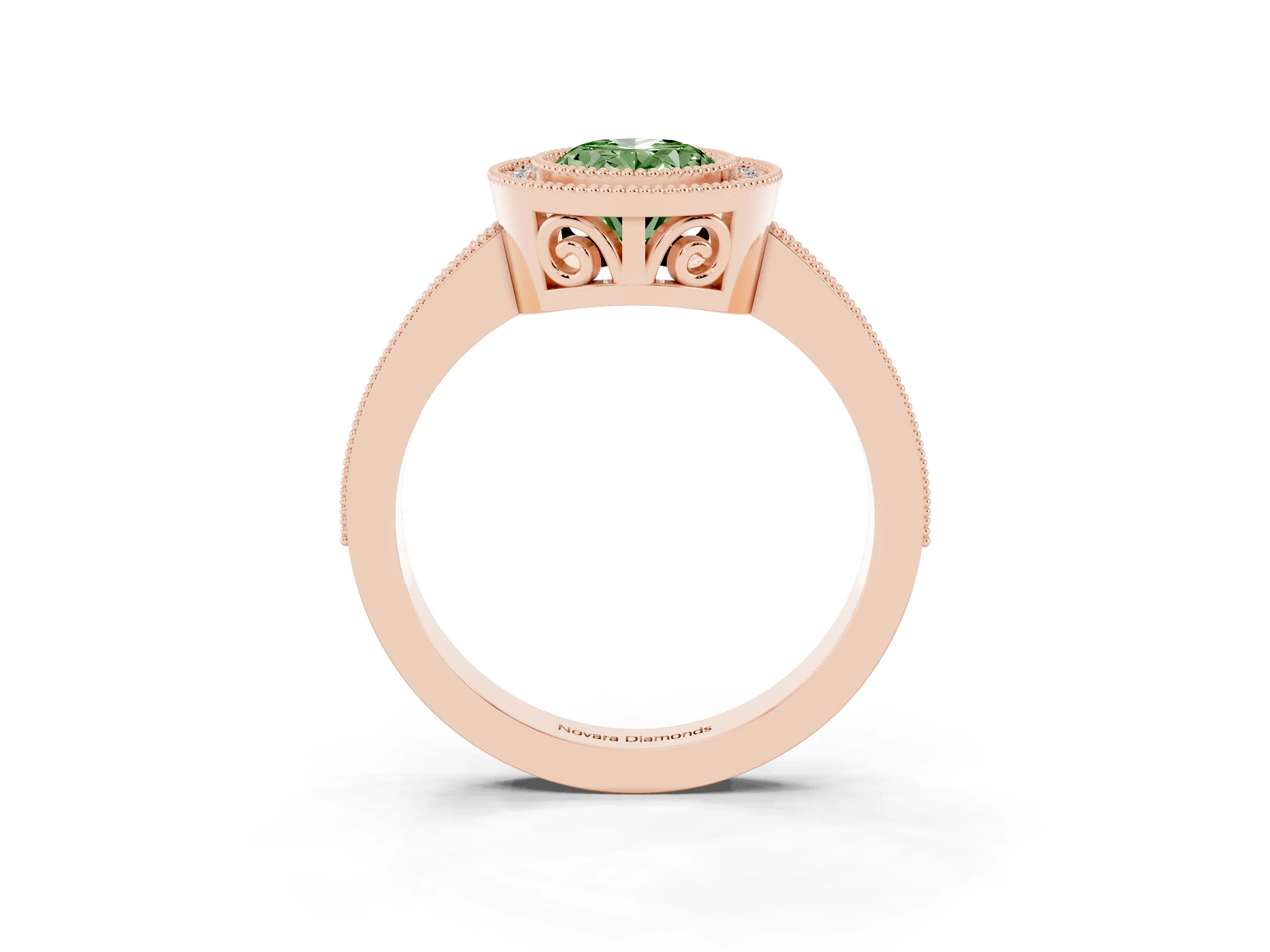 Fancy Green Oval Cut Diamond Round Halo Ring Set in Rose gold with Pavé Band